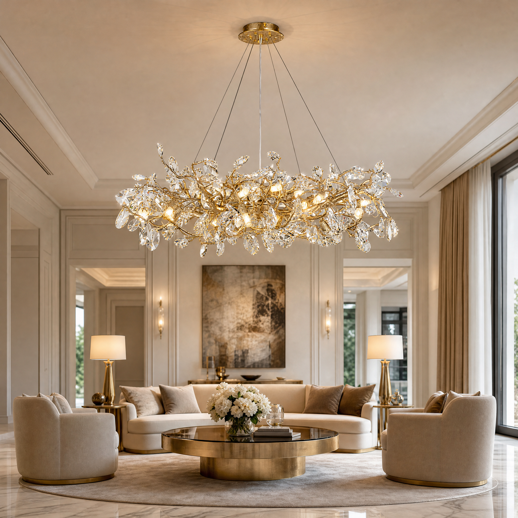Arboré circular chandelier featuring a nature-inspired branch frame installed in a modern luxury living room.