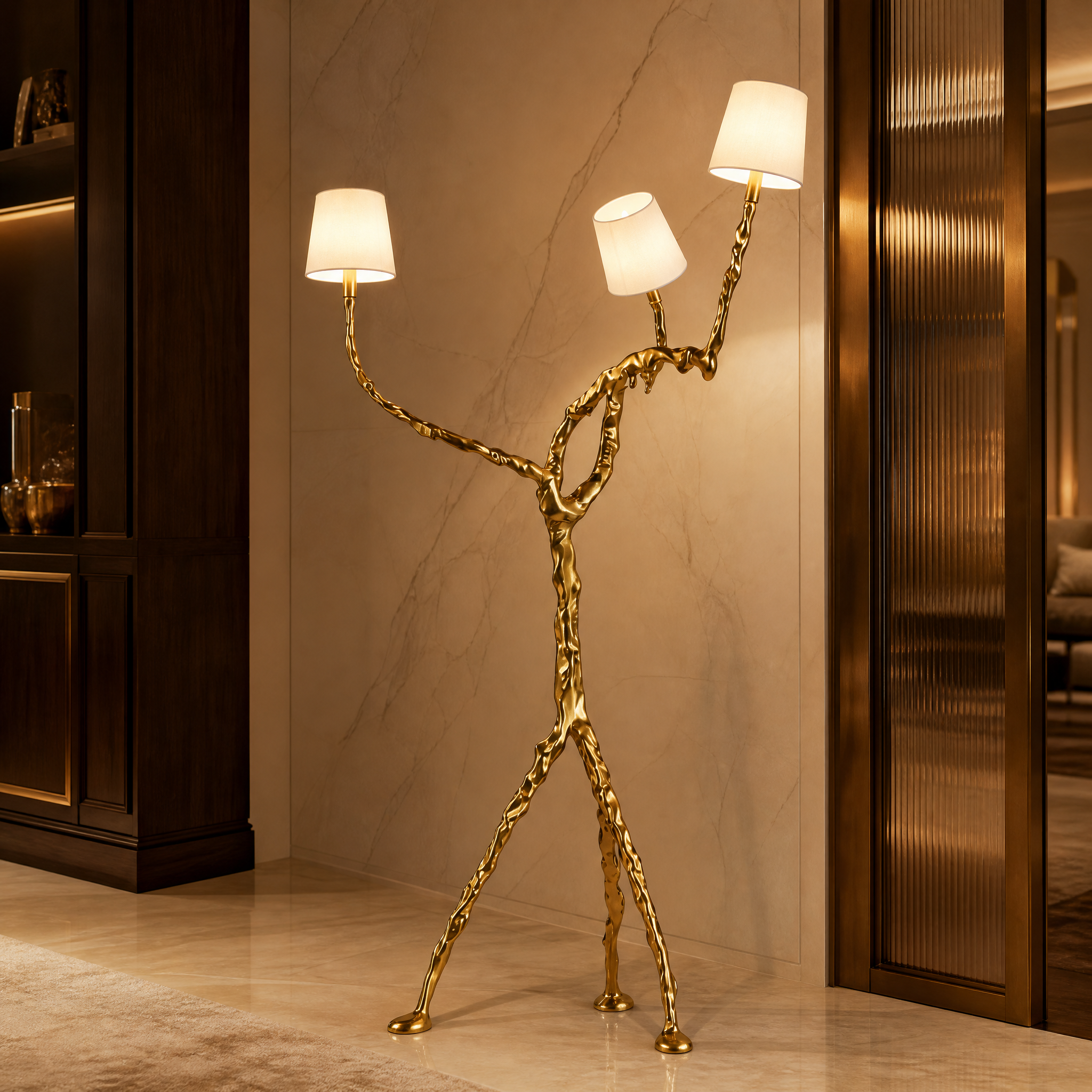 A detailed closeup showcasing the intricate, sculptural texture of the golden branches and refined craftsmanship on the VORELLI Arboris floor lamp.