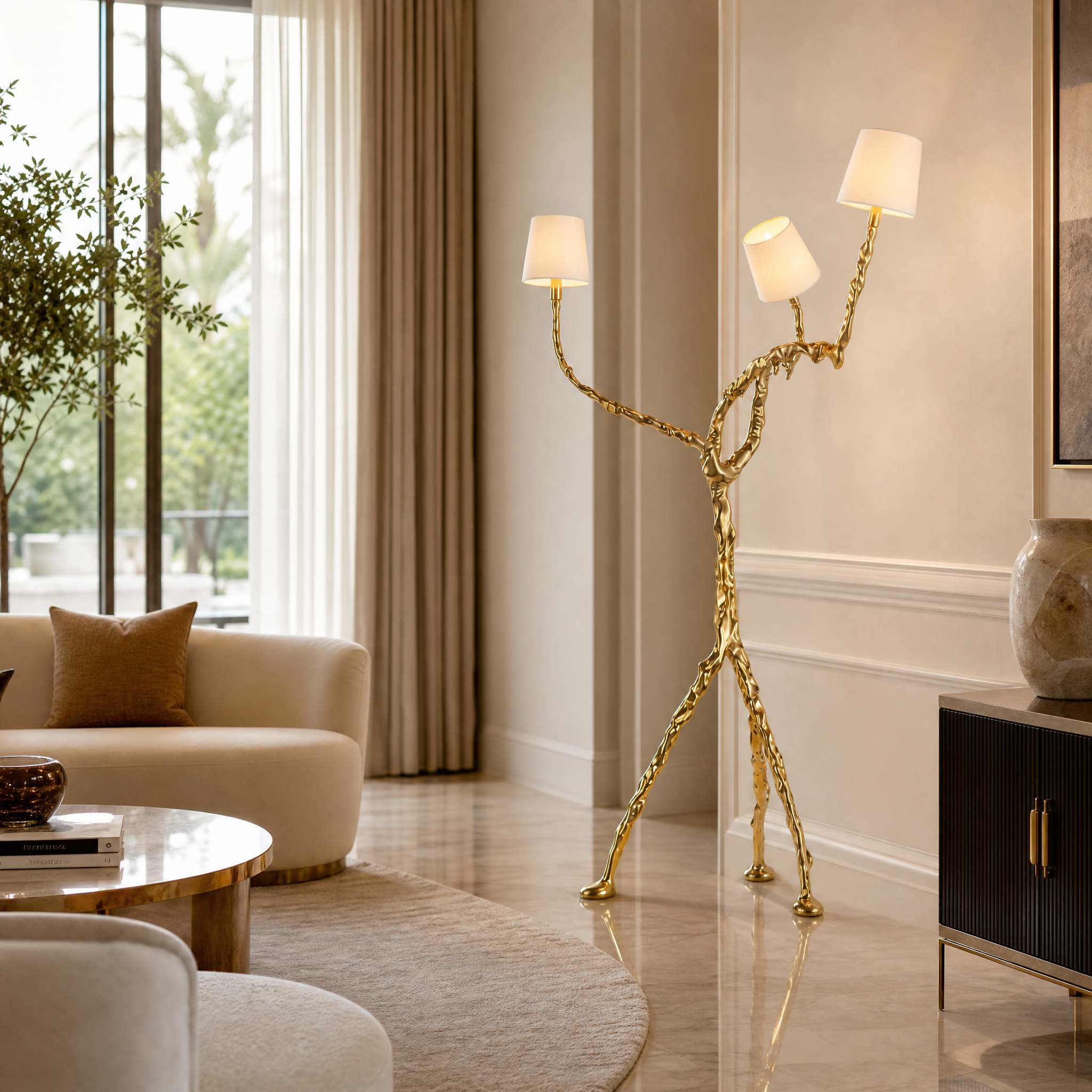 The VORELLI Arboris floor lamp with golden textured branches and white lampshades illuminating a luxury residential living room interior.