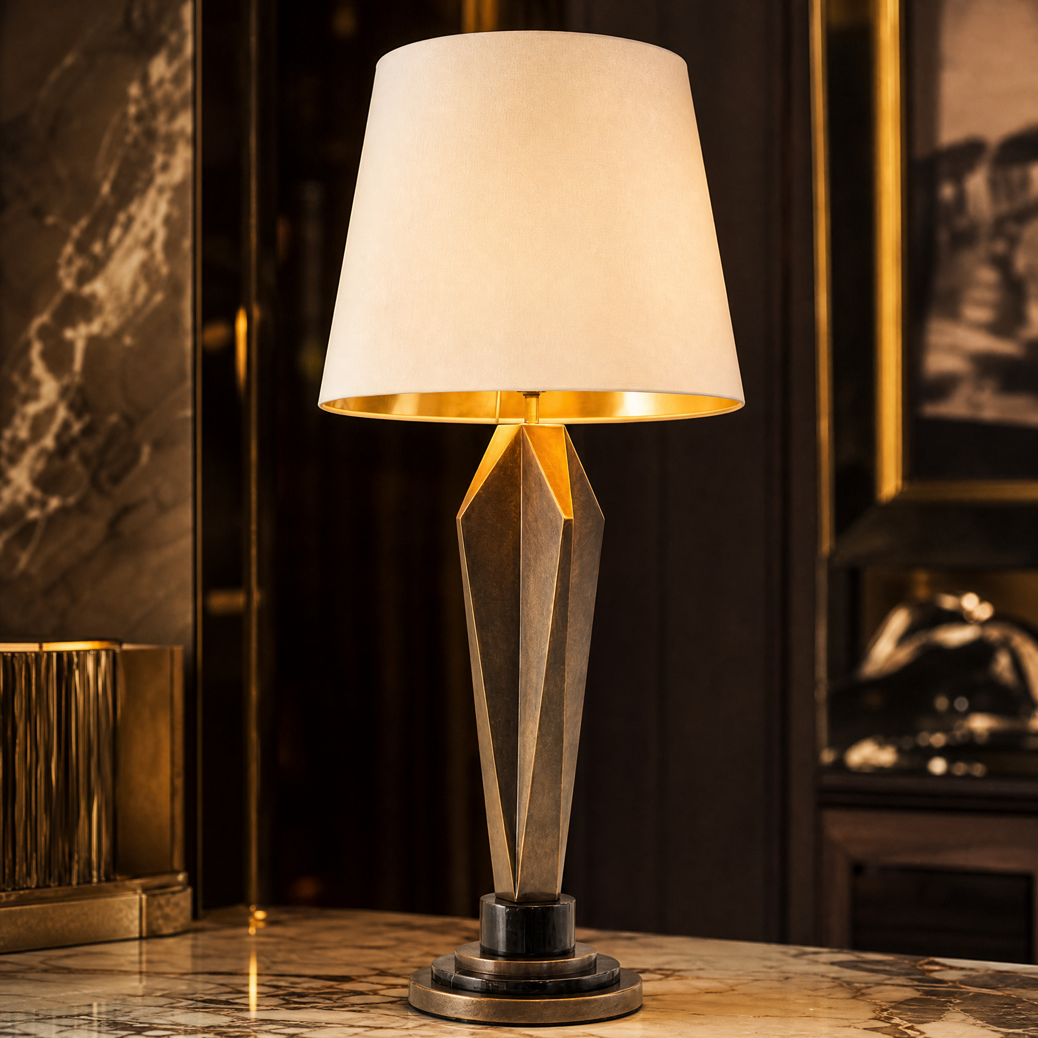 Architectural view of the Valdorin brass table lamp highlighting its faceted vertical base.