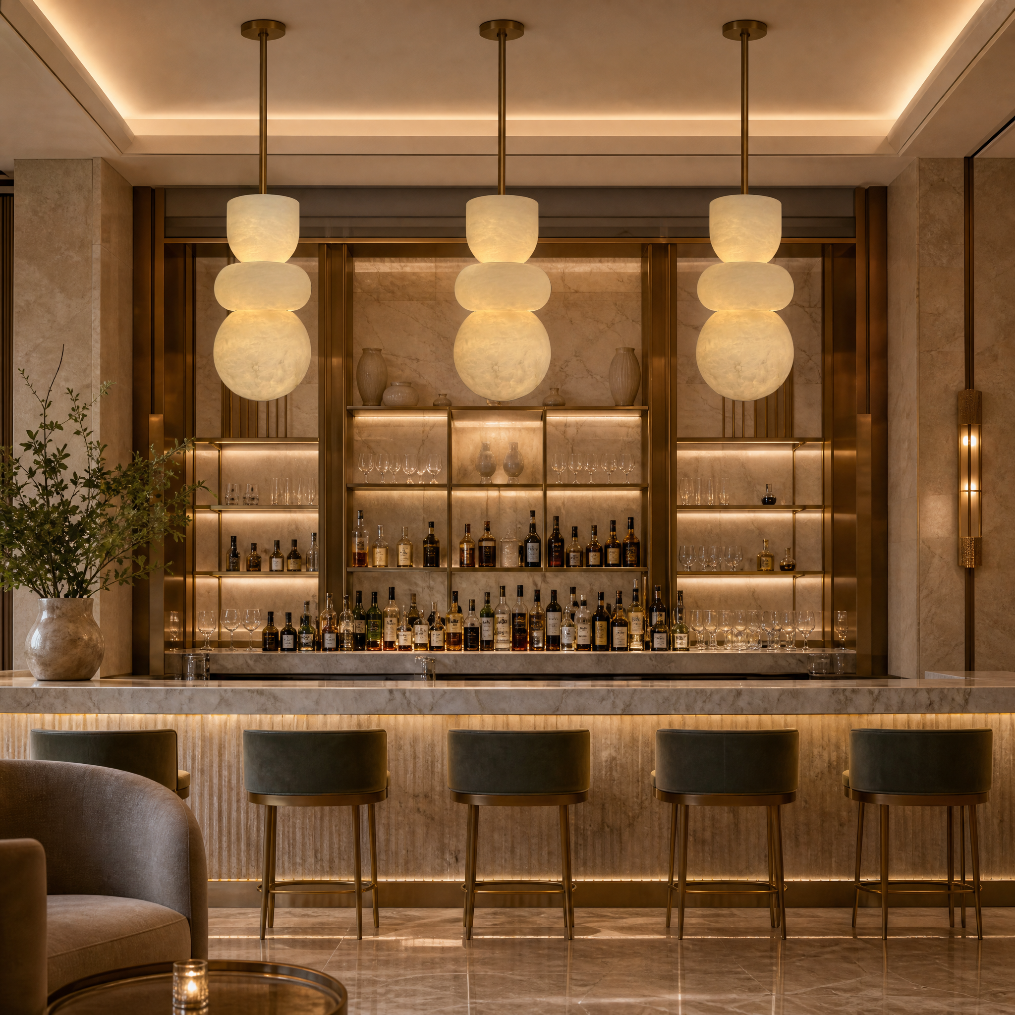 Elegant Arco Marble Pendant Lights installed in a luxury hospitality dining area, creating a refined atmosphere.
