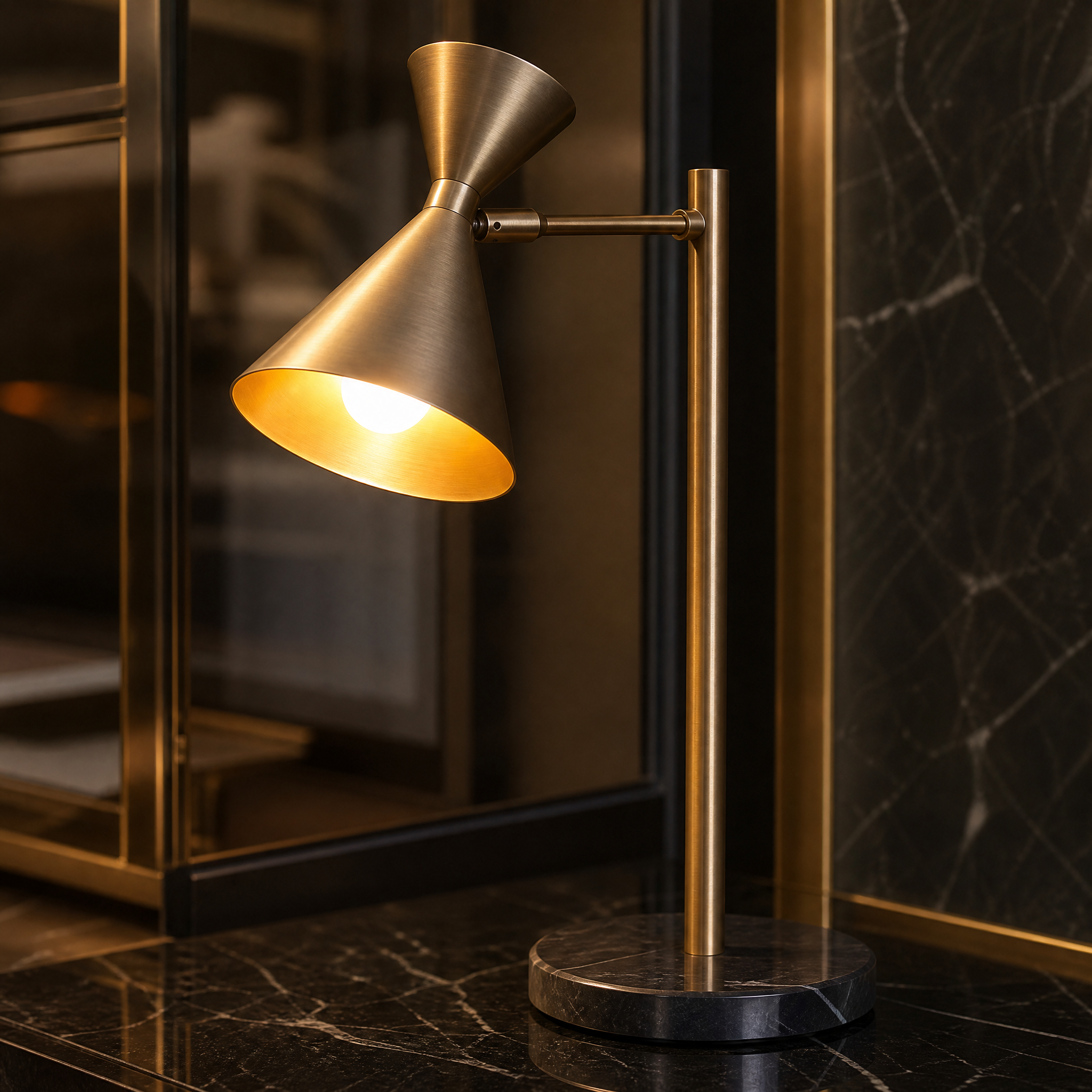 Detailed view of the VORELLI Ardinor lamp showcasing the contrast between the polished brass shade and black marble base