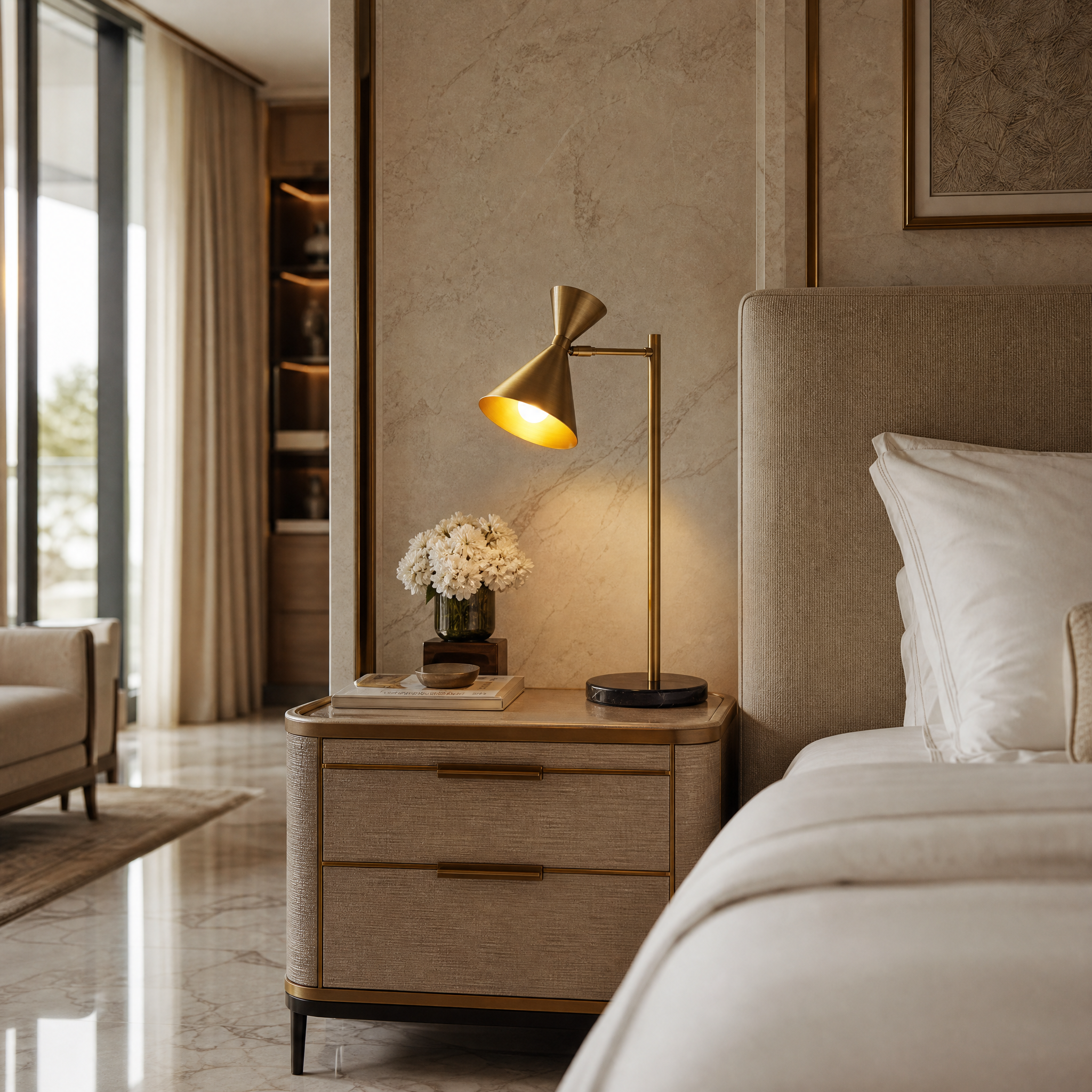 Elegant Ardinor desk lamp featuring architectural brass design in a luxury hotel workspace setting