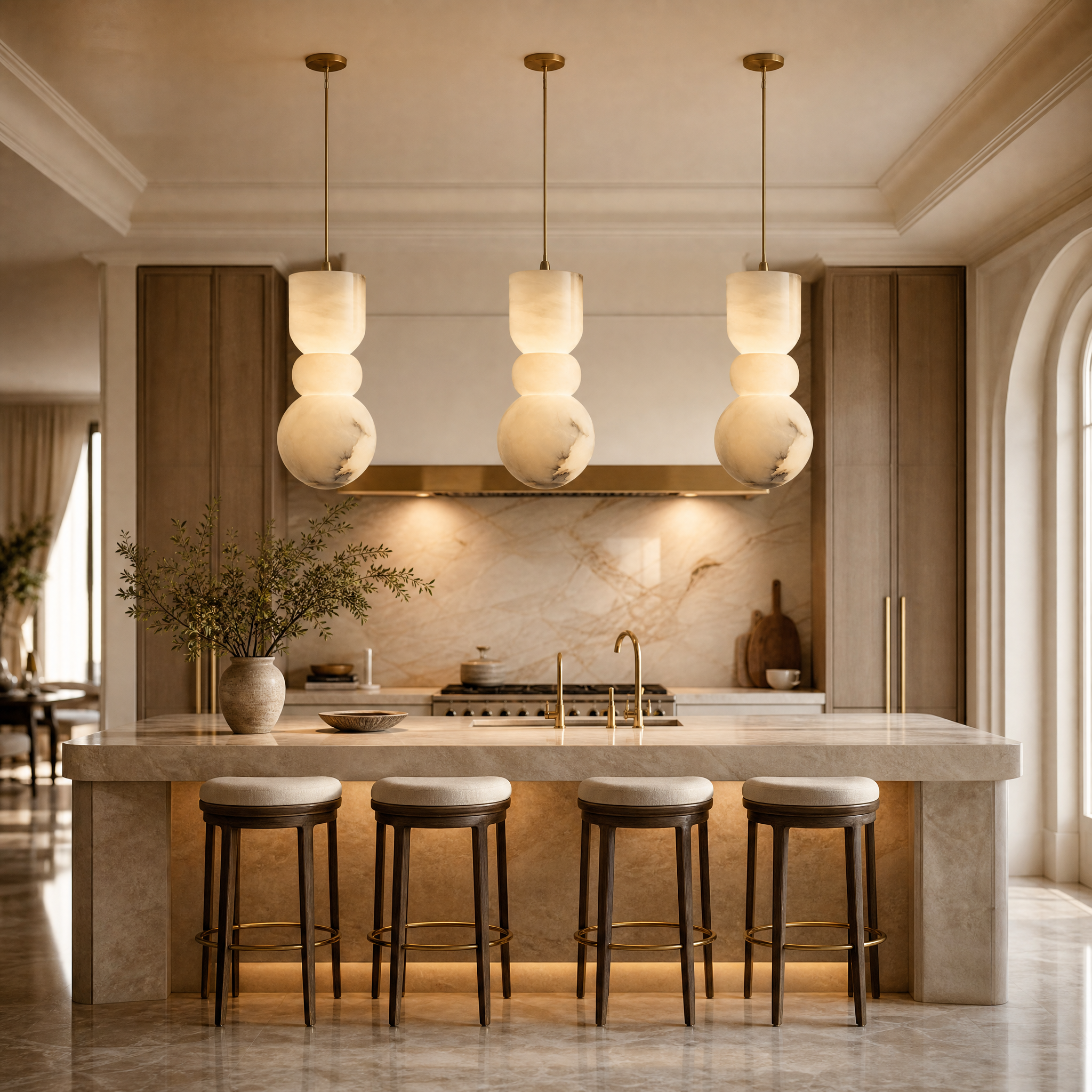 The VORELLI Arella Marble Pendant Light casting a soft, warm glow over an elegant contemporary residential living room setting.