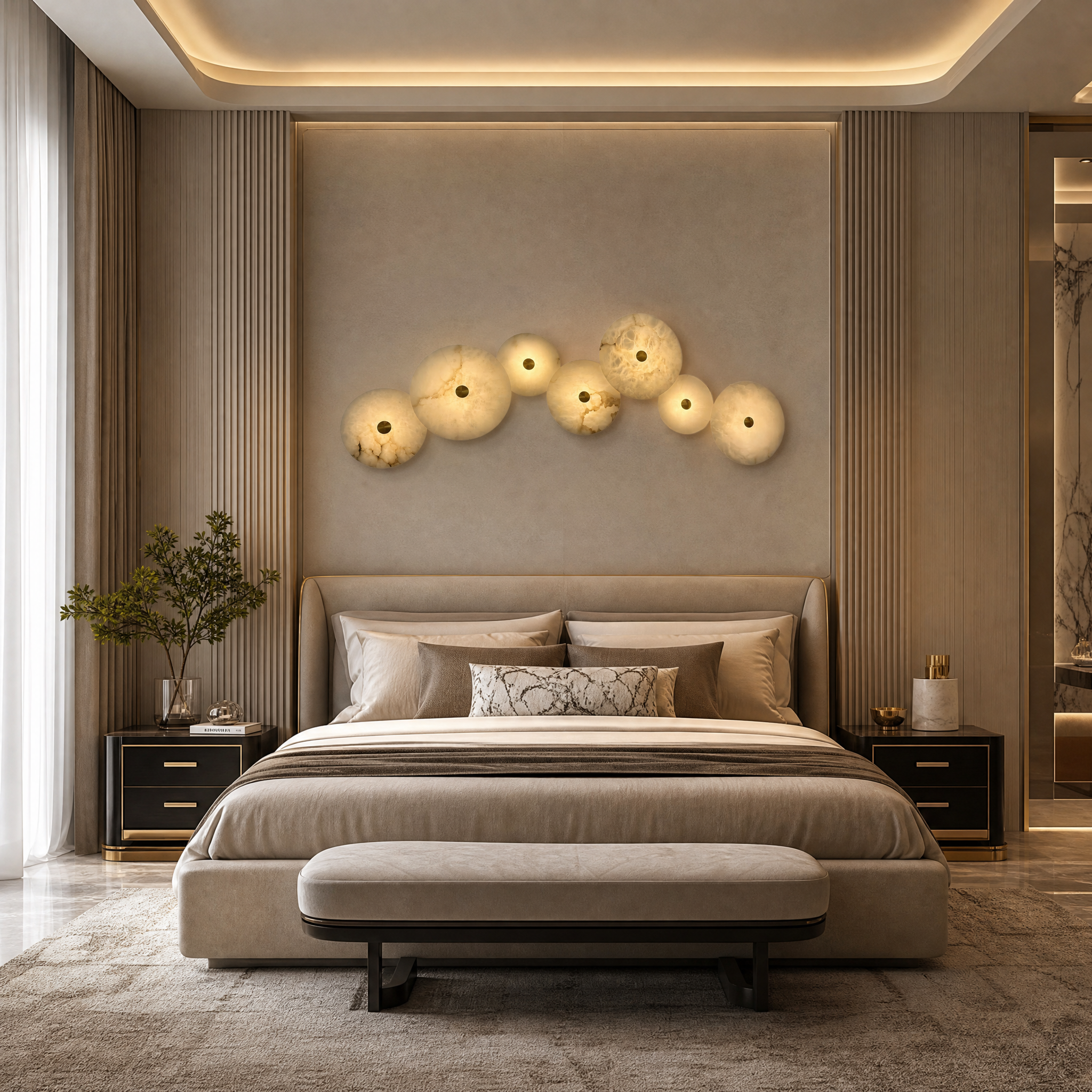 VORELLI Aria circular marble wall light with a central brass accent illuminating a contemporary luxury residential living room with soft, elegant ambient lighting.