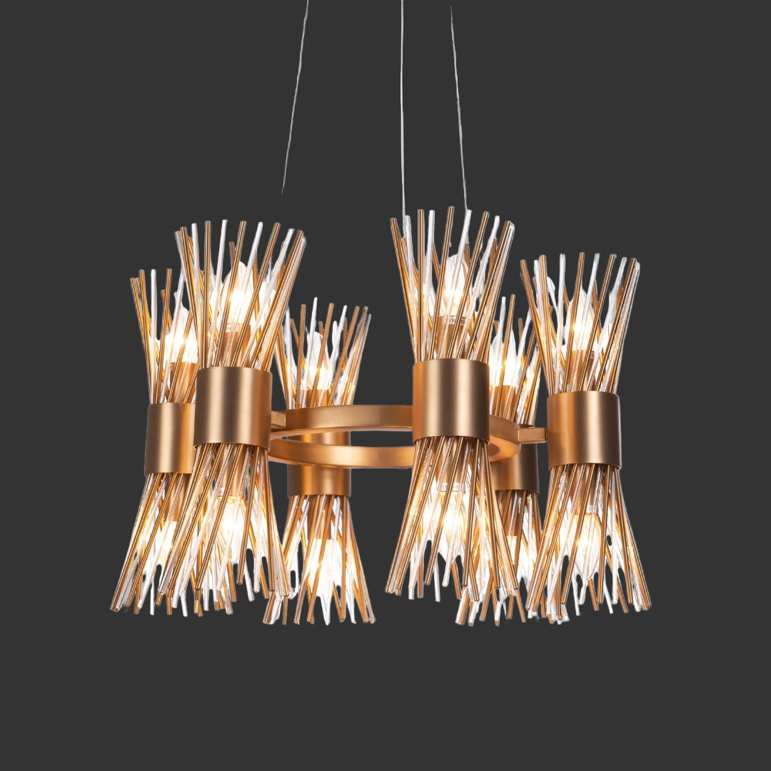 Arliano Circular Chandelier featuring slender metal rods and delicate crystal accents in a striking sculptural formation.