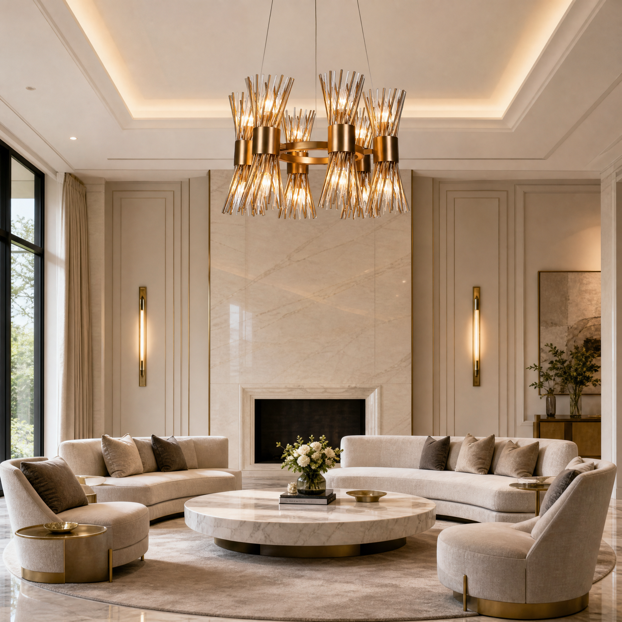 VORELLI Arliano circular chandelier illuminating a sophisticated contemporary residential living room with a warm radiant glow.