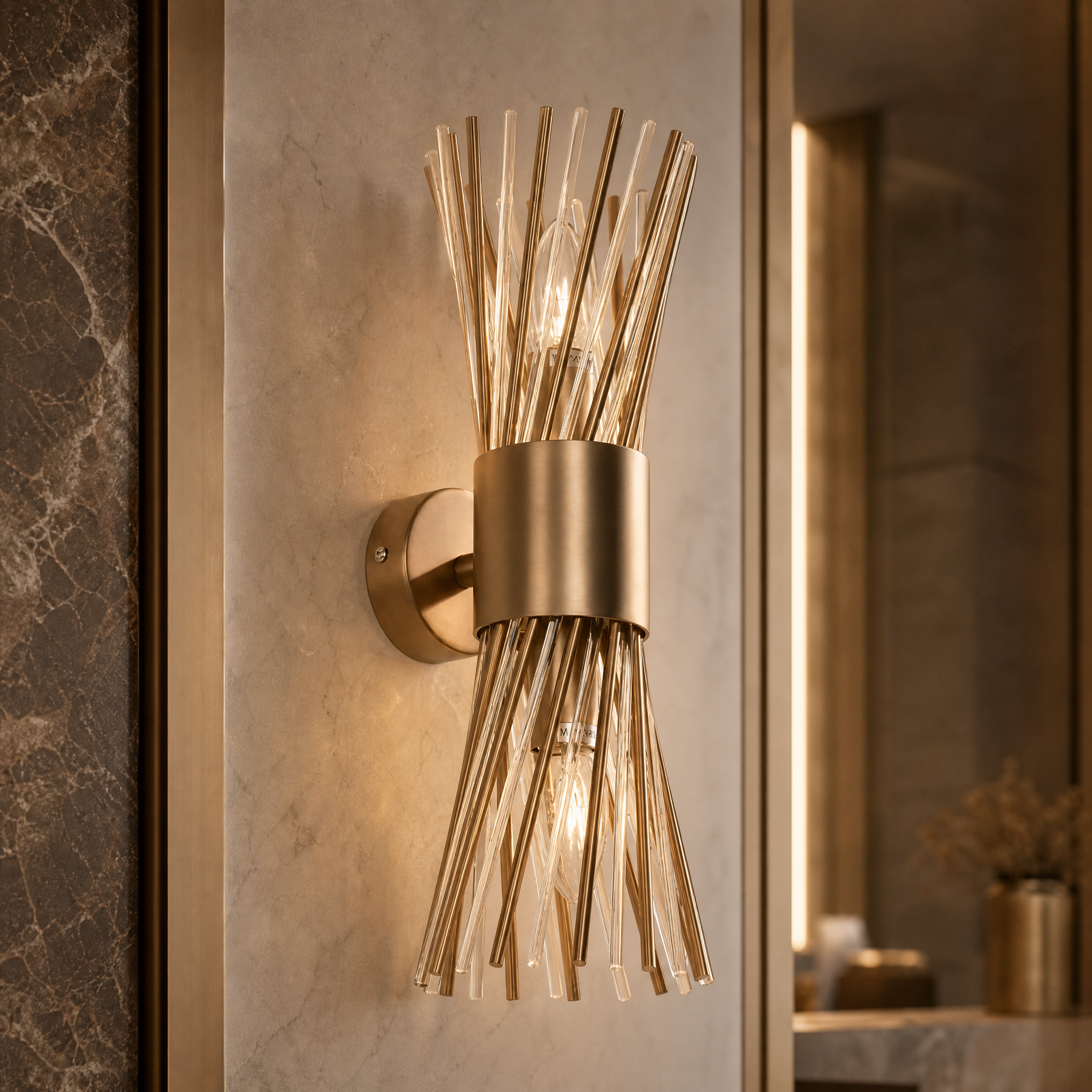 A detailed macro shot highlighting the intricate glass elements and premium metal rod composition of the VORELLI Arliano wall light.