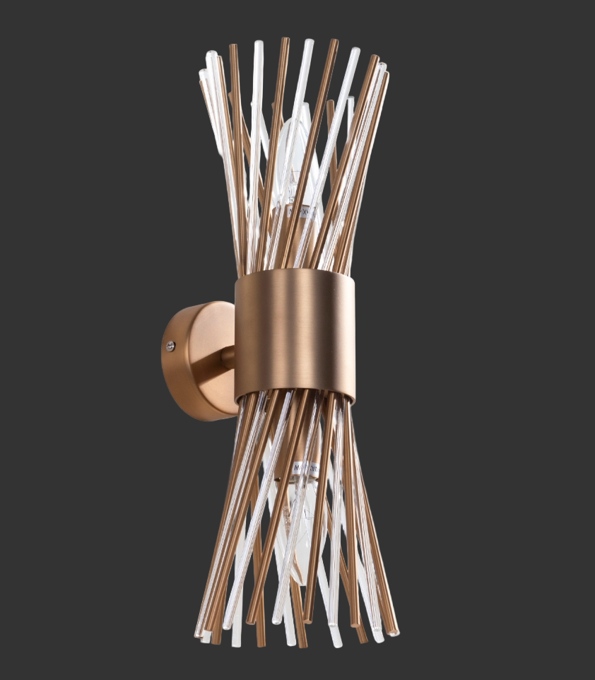 Arliano Wall Light with sculptural metal rods and glass detailing, casting elegant light for luxury interiors.