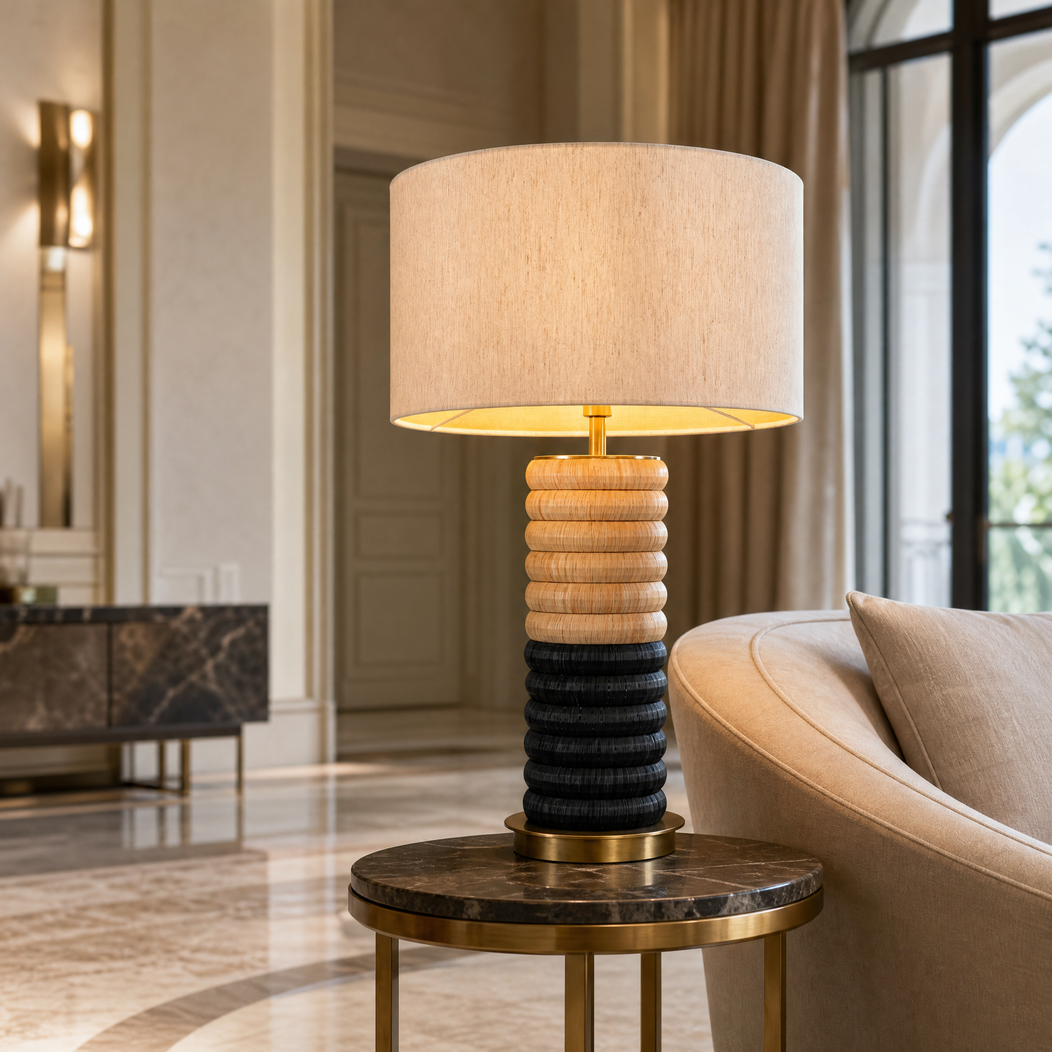 VORELLI Arlivo Brass Ring Table Lamp on a modern living room side table, casting a warm ambient glow over contemporary residential decor.