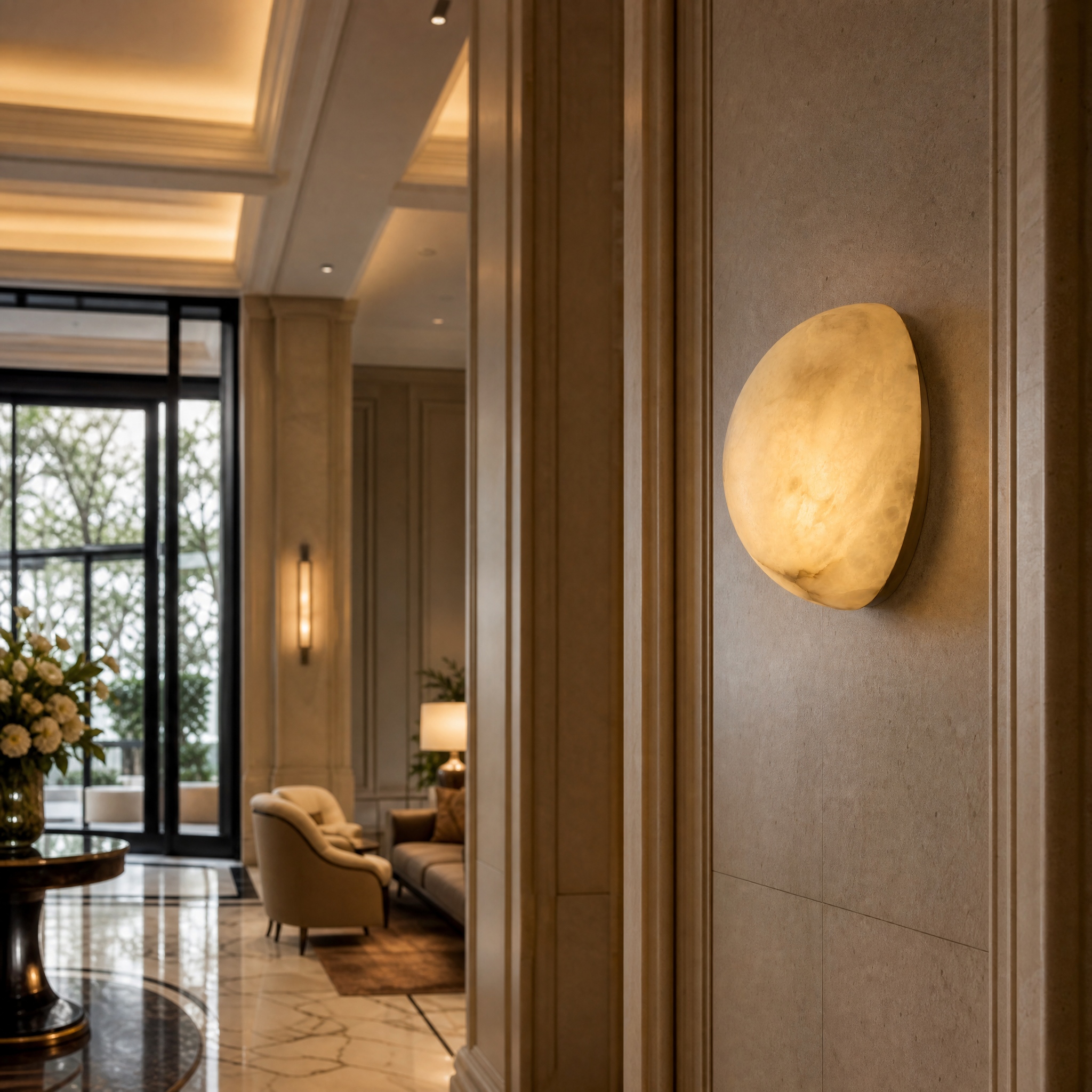 Modern luxury hospitality lounge boutique hotel corridor featuring the Arona marble wall sconce by VORELLI.