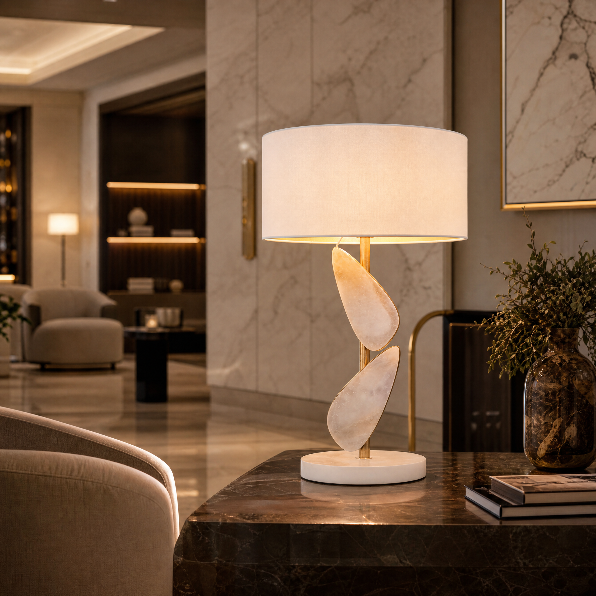 Artistic close-up of the sculpted white alabaster elements, showcasing the unique movement and timeless design of the VORELLI lamp.