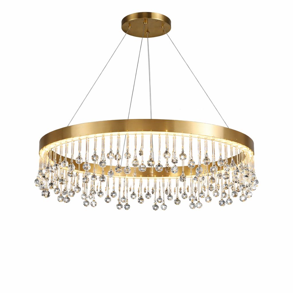 Artistic crystal droplets casting dramatic light reflections from the VORELLI Mancini circular chandelier.