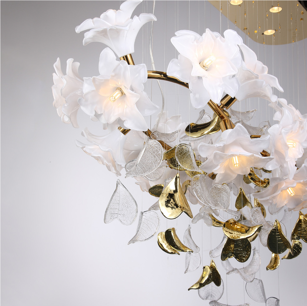 Artistic depth and movement captured in the illuminated floral glass blooms of the luxury Gardenia Rectangular Chandelier II.