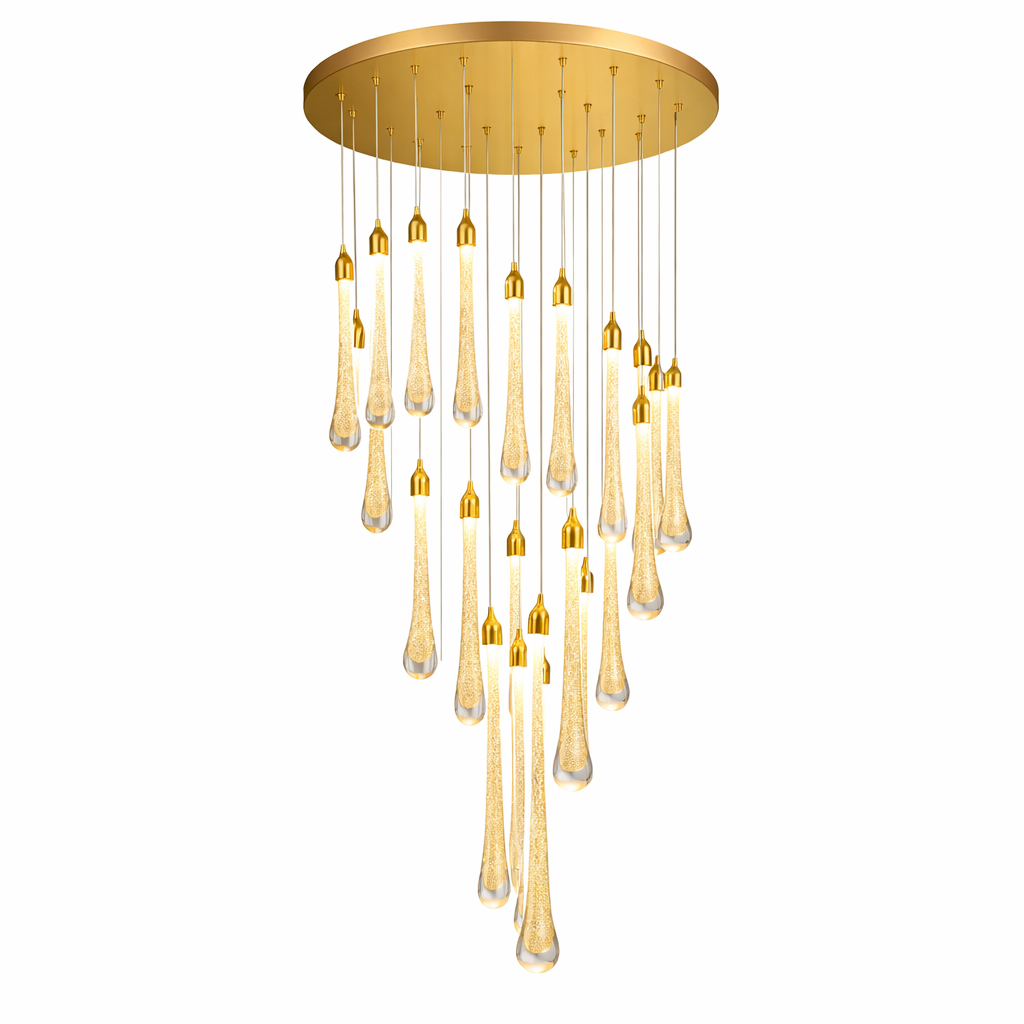 Artistic expression of cascading light from the Foshan staircase chandelier, highlighting elegance and premium craftsmanship in a grand setting.