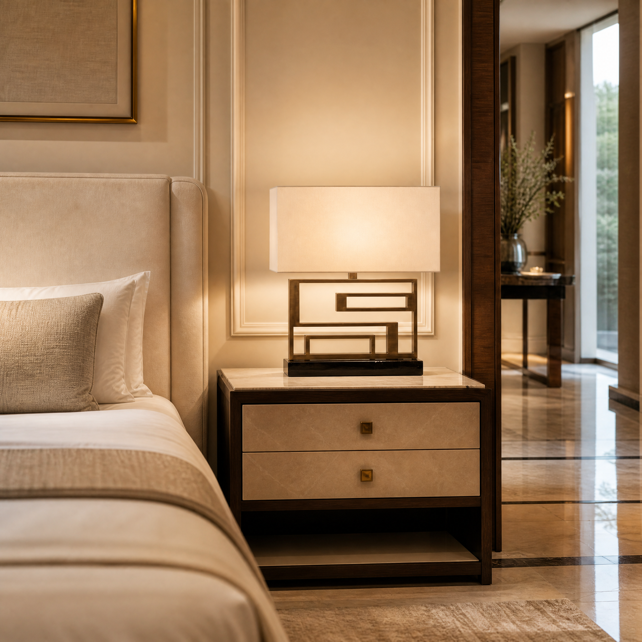 A sophisticated hospitality interior featuring the Arvanto table lamp casting a warm ambient glow on a luxury hotel reception desk.