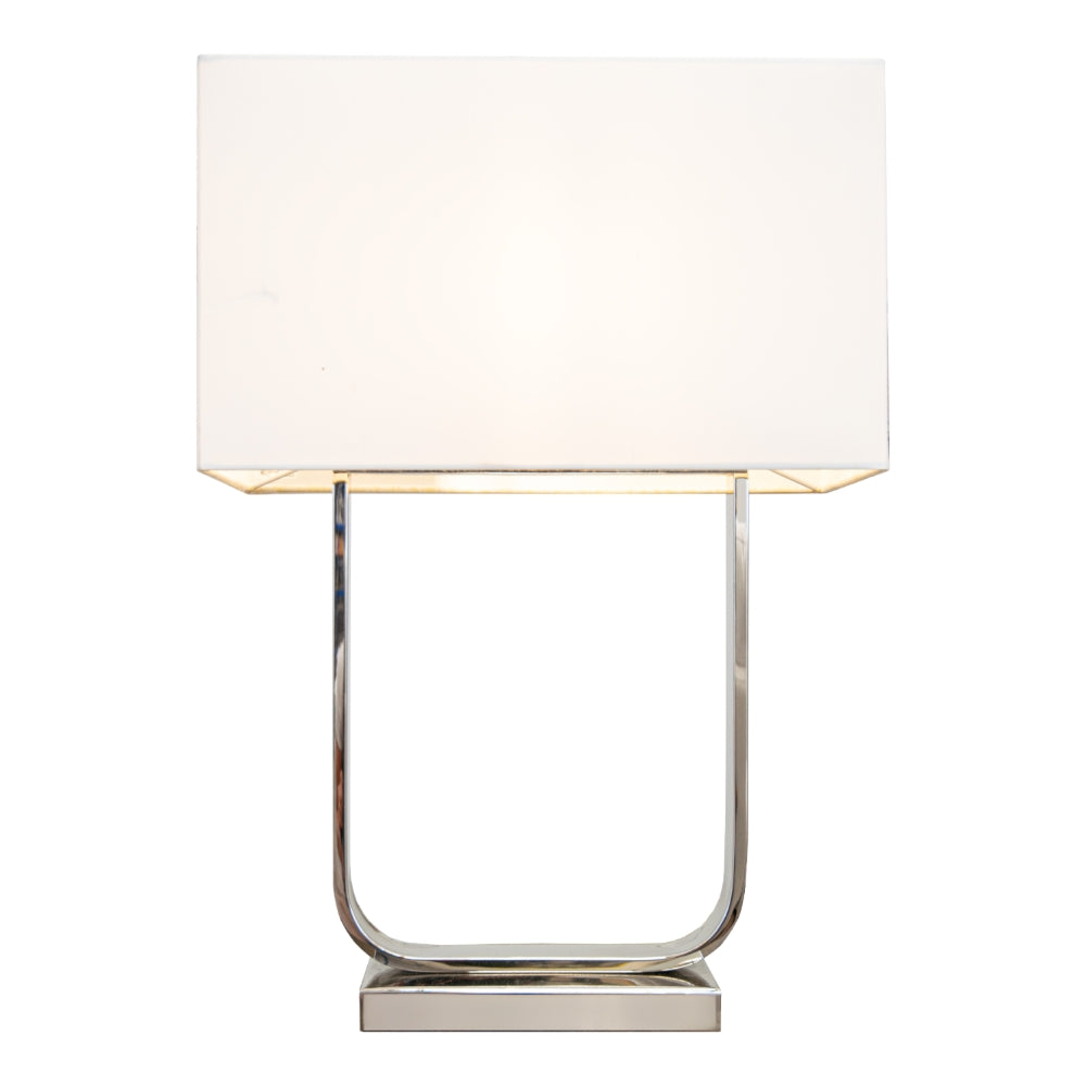 VORELLI® Paris table lamp featuring minimalist curved metal base and white fabric shade in contemporary design on white background