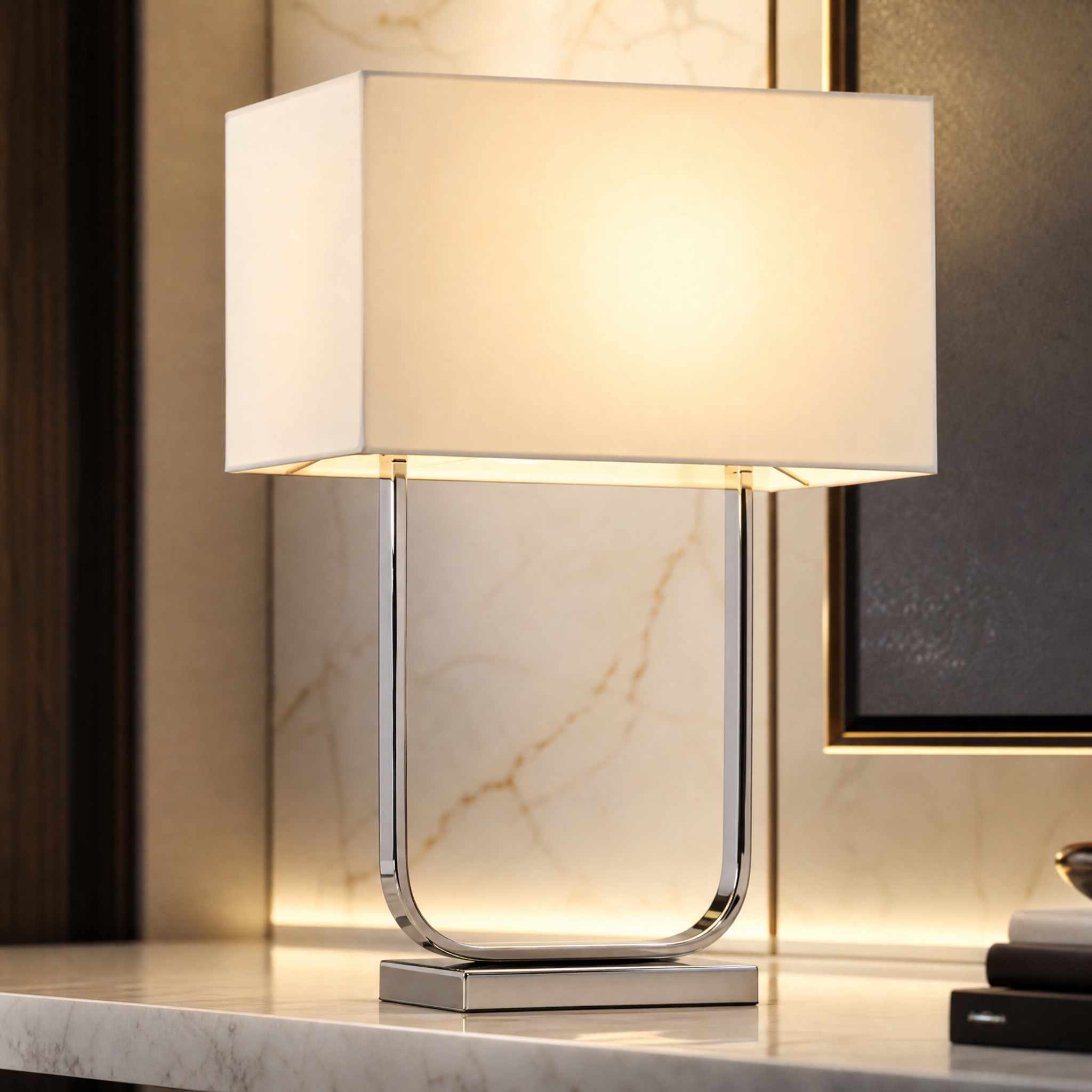 Detailed closeup of the Arvelle table lamp showing the architectural open U-shaped polished nickel frame and premium finish.