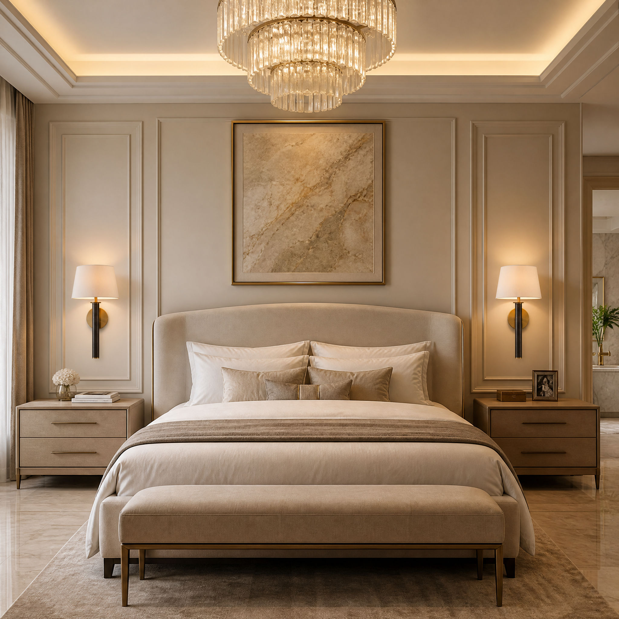 The Arvino Antique Brass Wall Light by VORELLI installed in a luxury residential bedroom, casting a warm ambient glow against a contemporary accent wall.