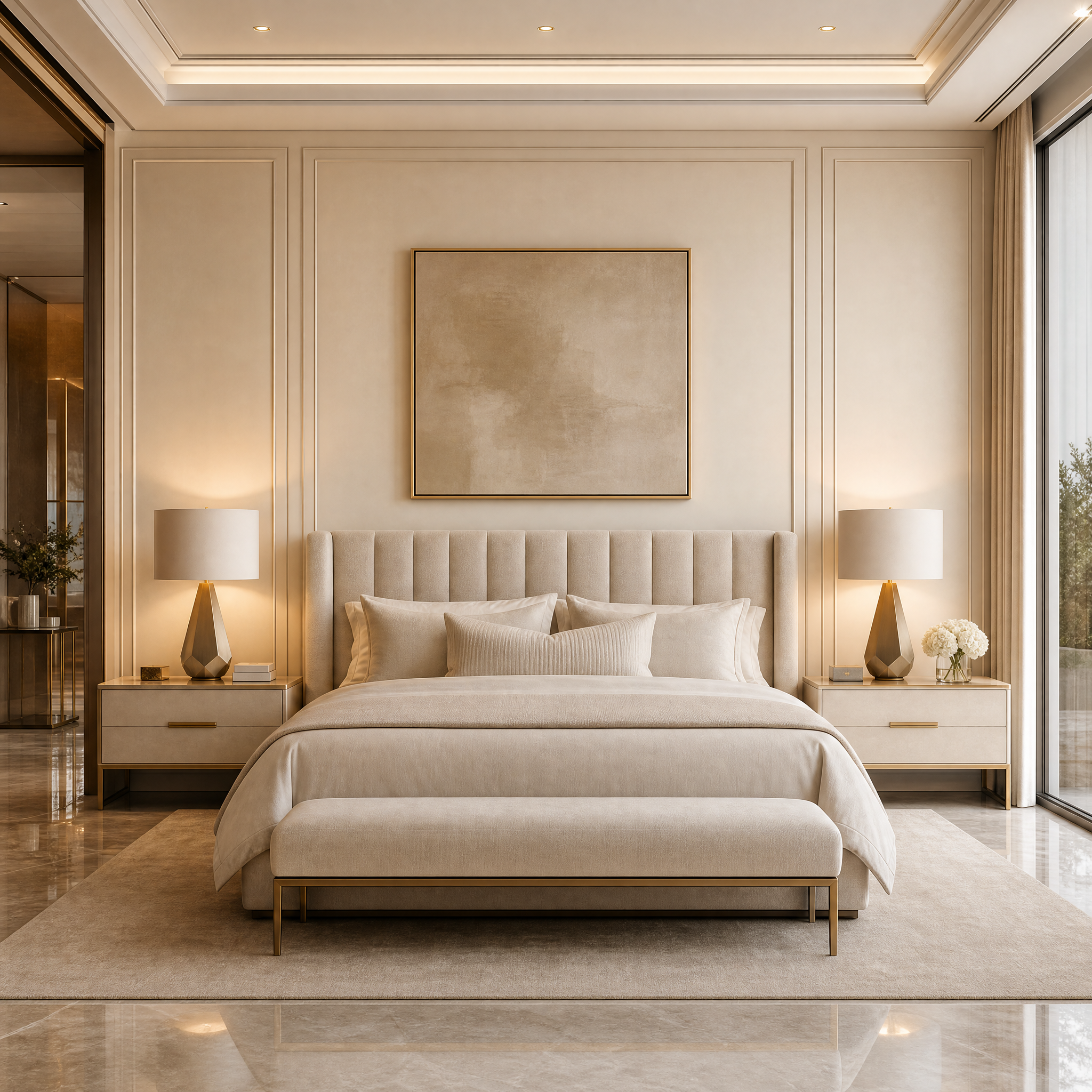 The Arvion antique brass table lamp by VORELLI styled in a luxury residential living room, casting a warm golden glow beside a modern sofa.