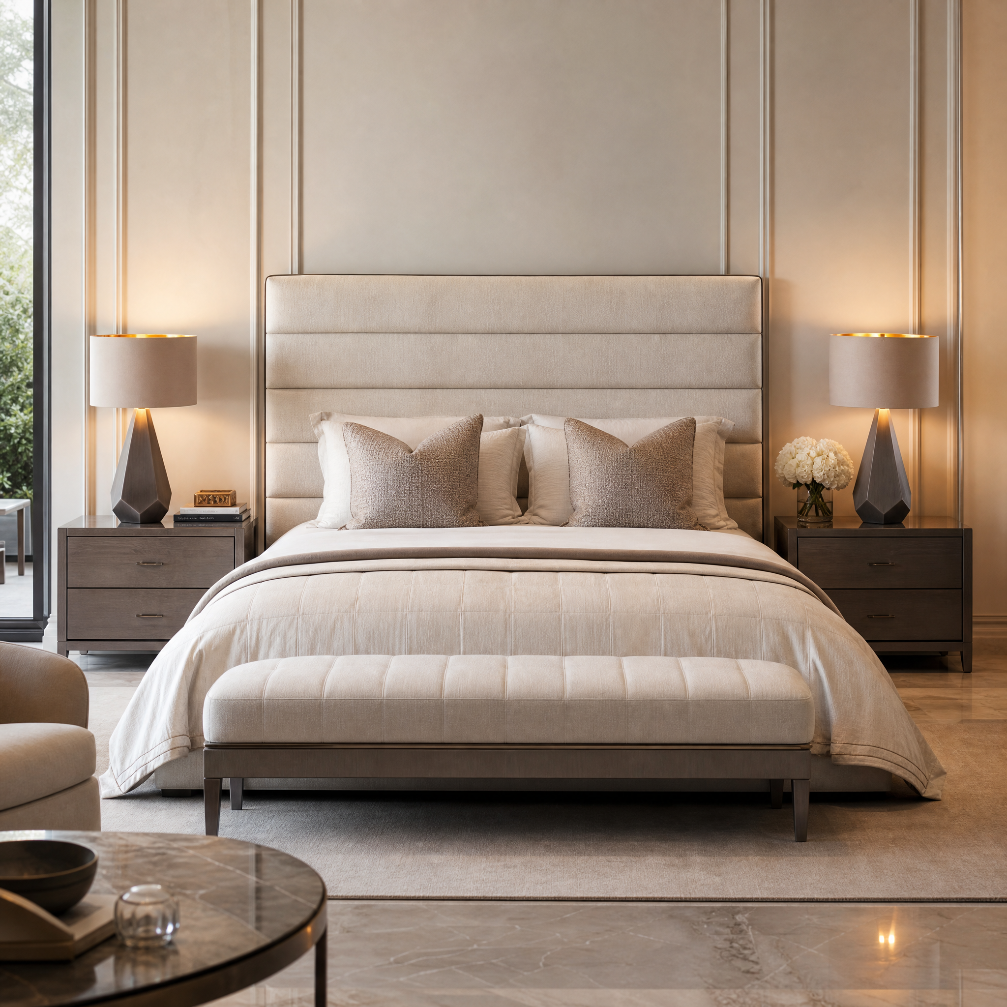 The Arvion luxury table lamp with a faceted brushed gunmetal base and latte shade placed on a side table in a modern residential living room setting.