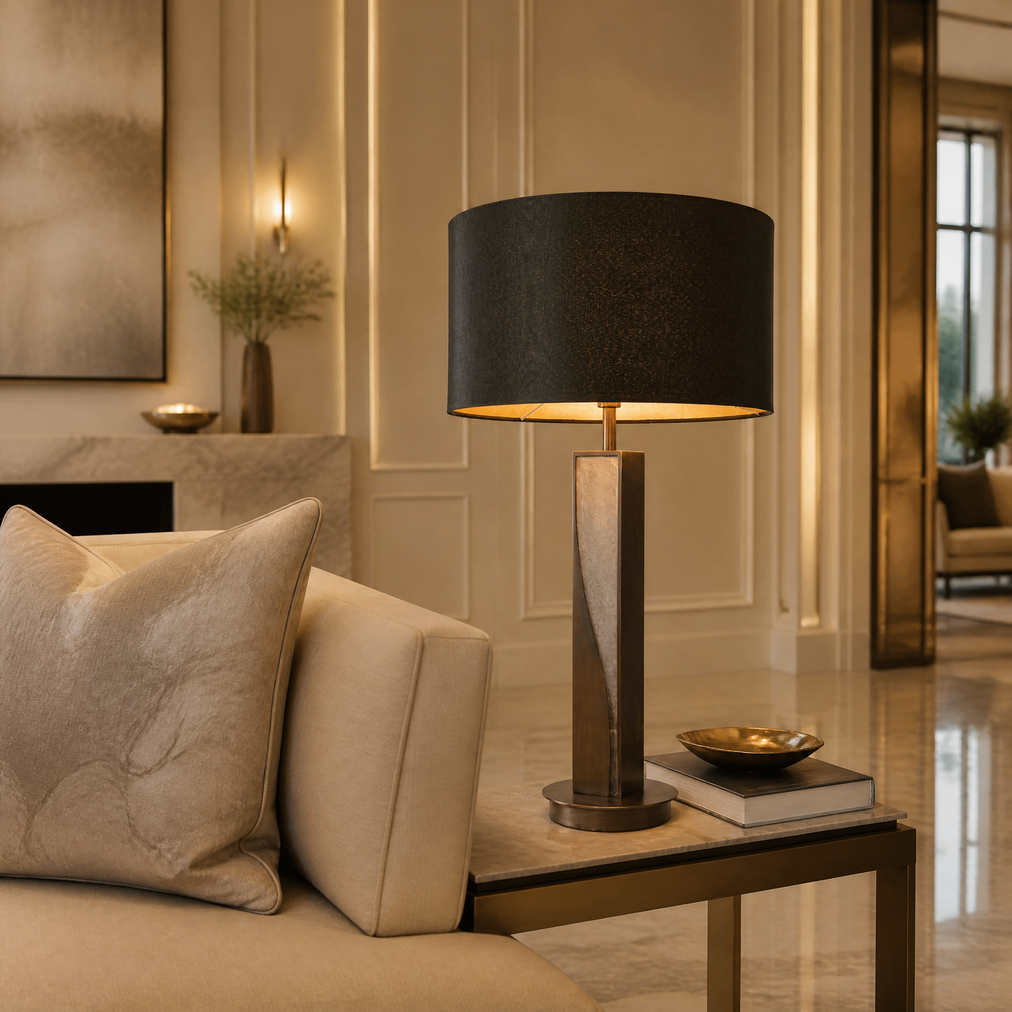 VORELLI Arzano Alabaster Bronze Table Lamp styled on a high-end bedside table in a luxury modern bedroom, casting a warm ambient glow against dark contemporary walls.