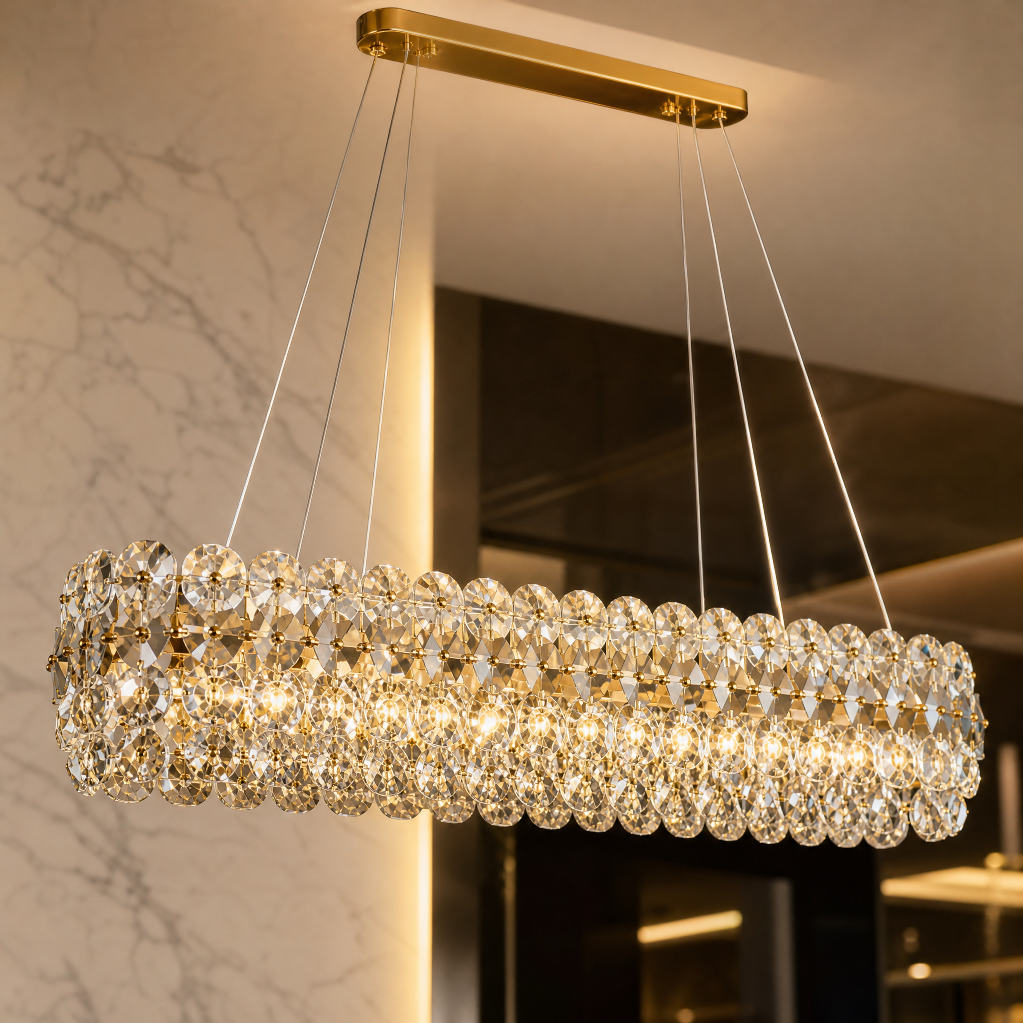 Macro shot of the interlocking clear and smoky grey crystals on the VORELLI Astoria Rectangular Chandelier.