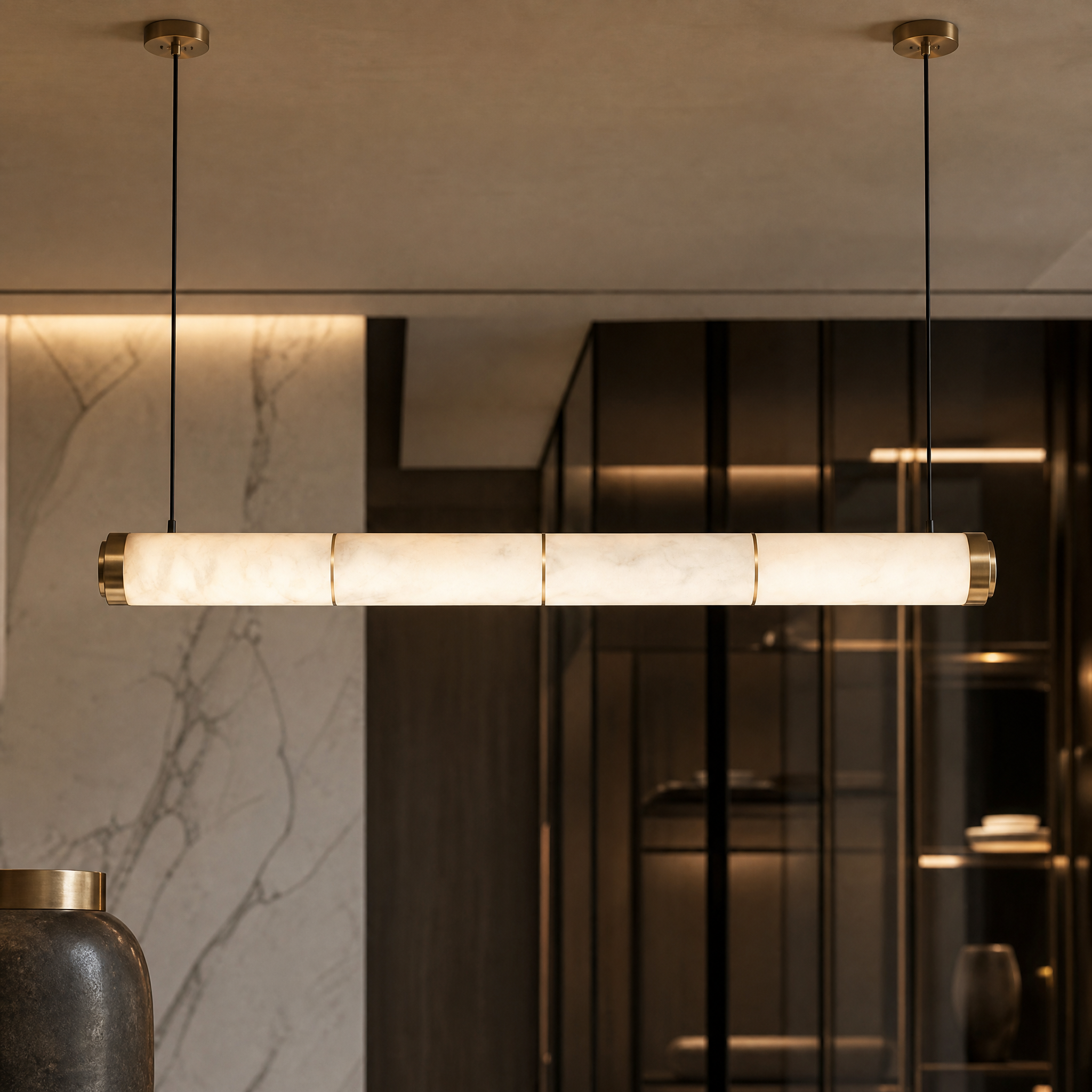 Macro shot of the Atlas rectangular chandelier showing the unique veining of the premium marble and the precision-crafted contemporary frame.