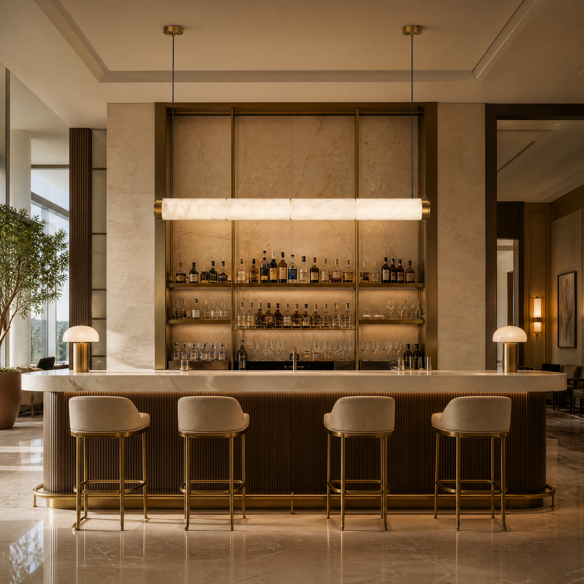 The contemporary Atlas marble chandelier installed in a luxury hotel lobby, highlighting the sleek stone texture and sophisticated architectural design.