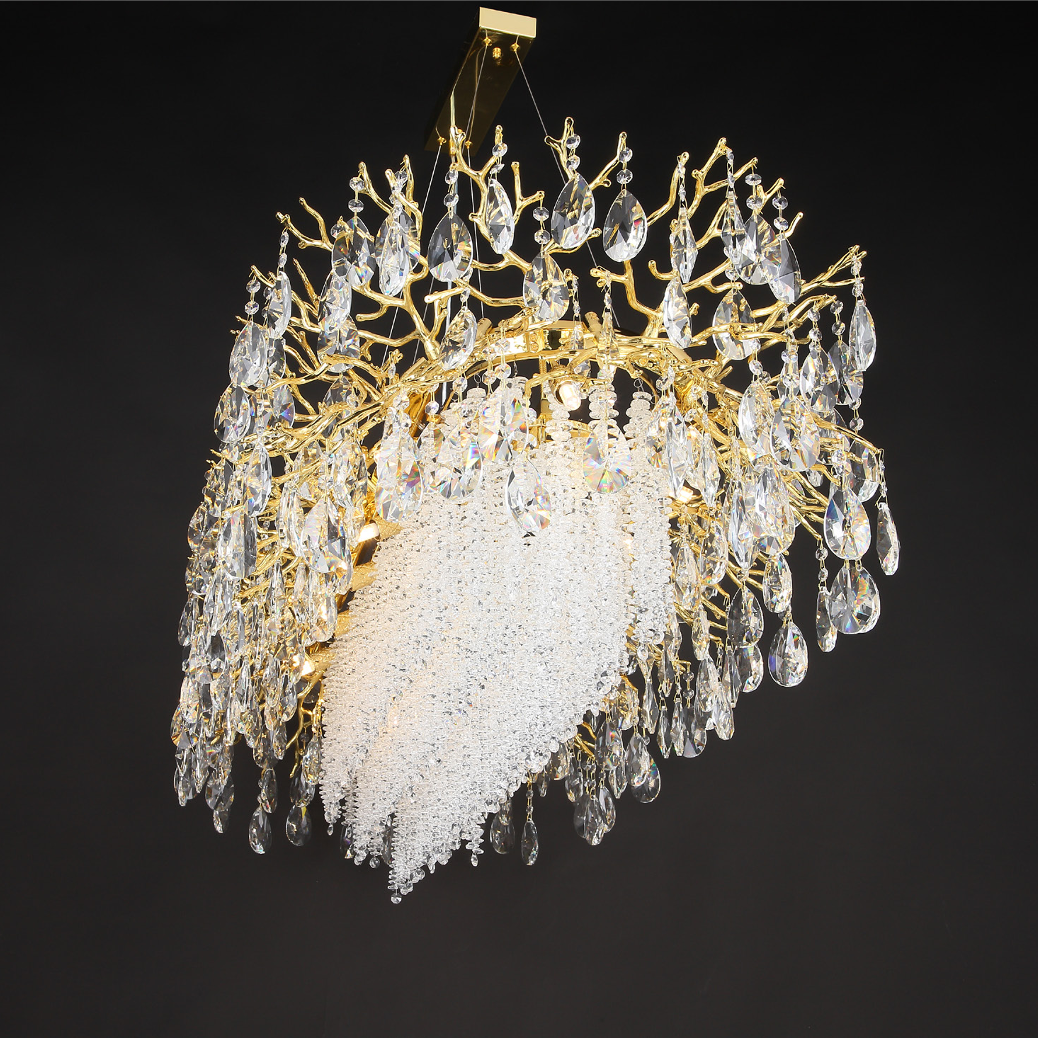 Atmospheric illumination from the Wisteria Dewdrop rectangular chandelier, highlighting the delicate texture of the crystal dewdrops and elegant design.