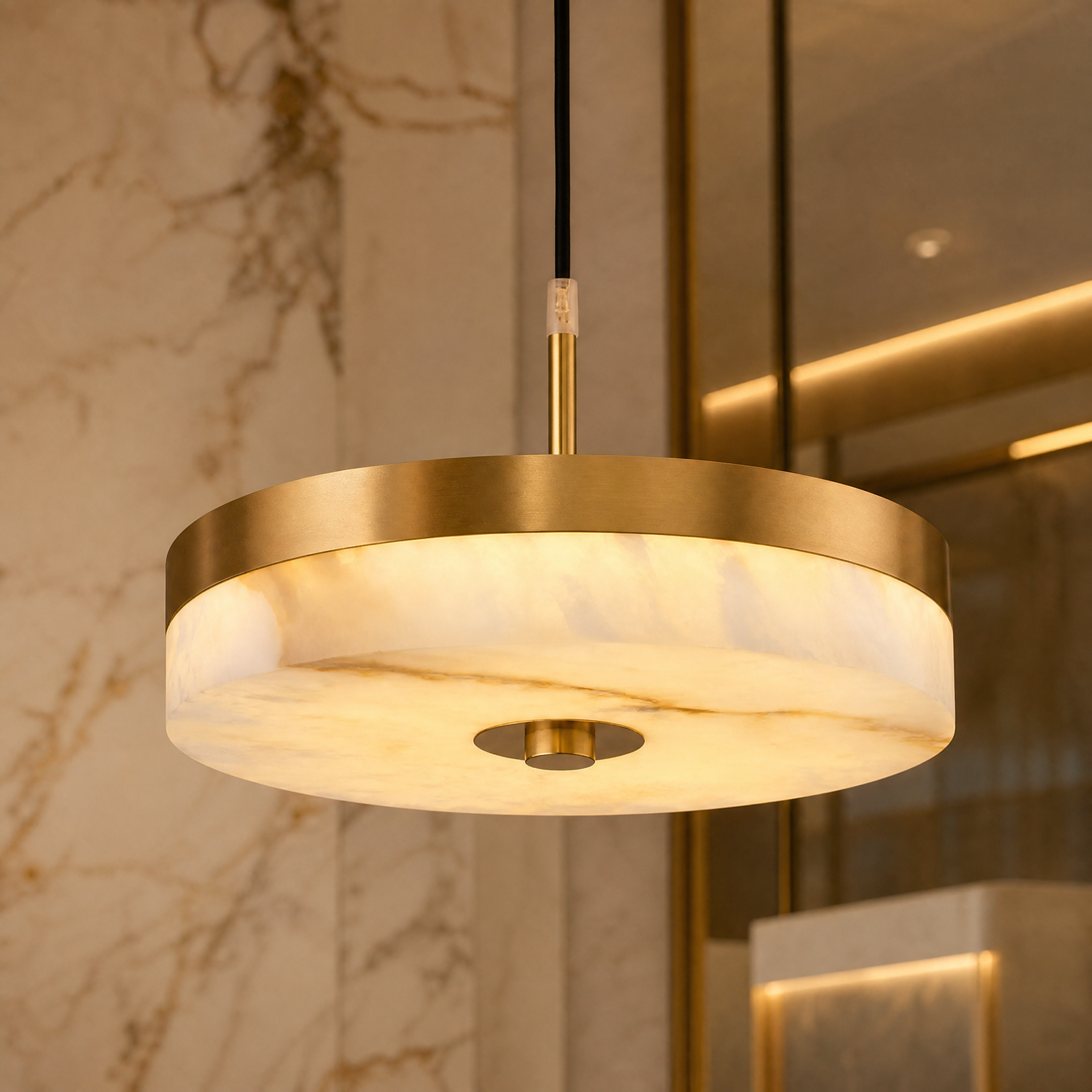 Atmospheric lighting from the Athena marble pendant fixture, creating a warm and welcoming ambiance in an upscale interior space.