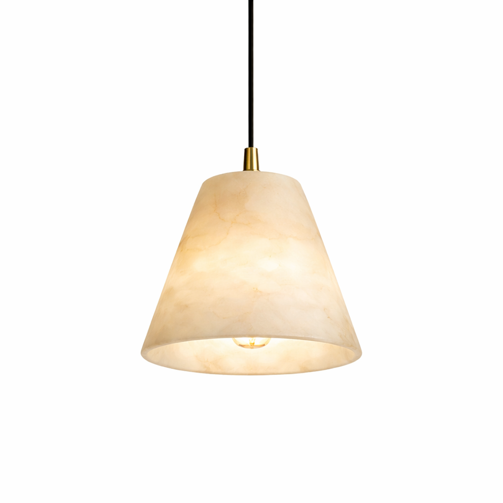 Atmospheric mood lighting featuring the VORELLI Venti marble pendant light, casting a soft sophisticated glow that enhances the refined, timeless interior design.