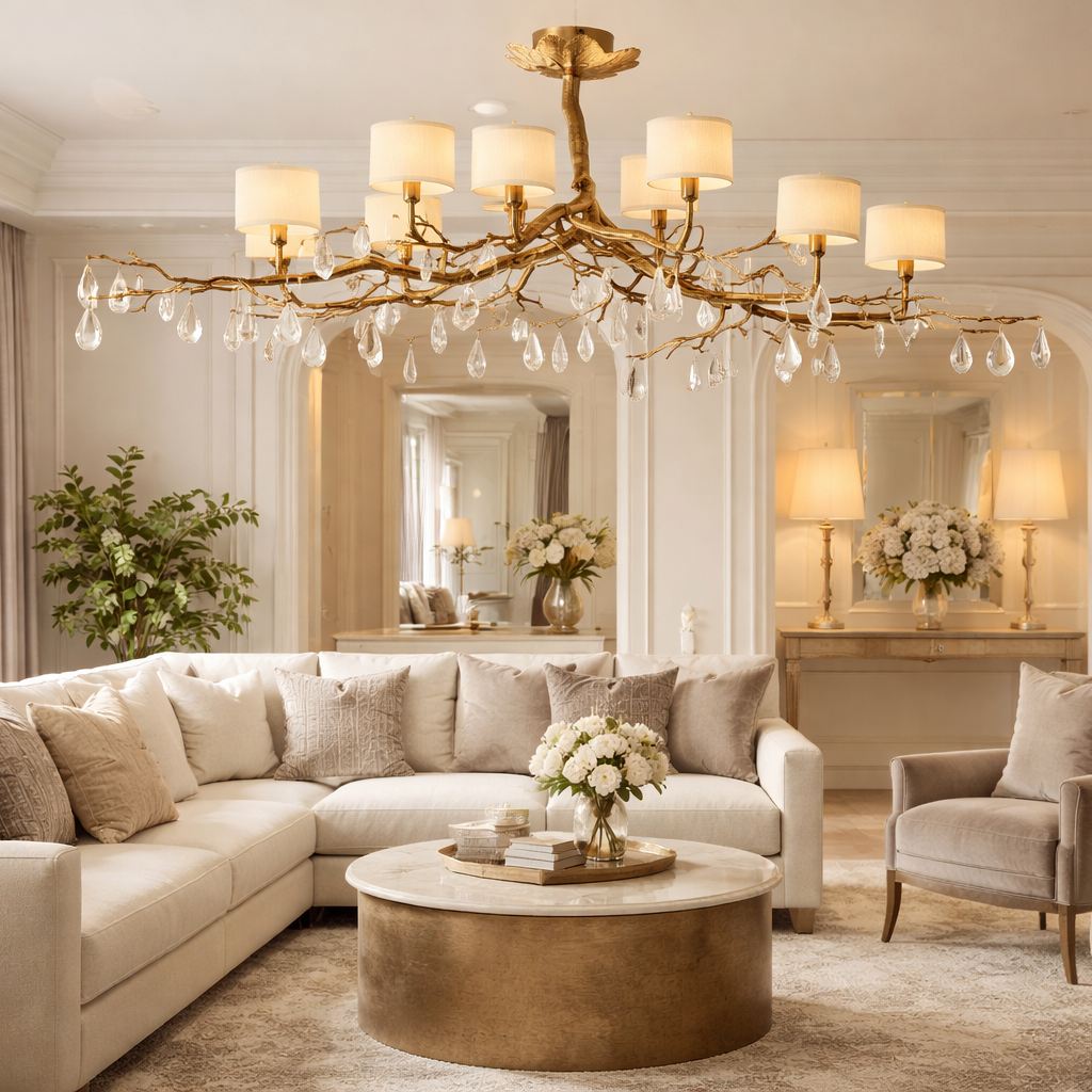 Atmospheric mood shot of the Arboris Rectangular Chandelier, demonstrating how the organic, sculptural design creates dramatic shadows and warm depth in an upscale interior.