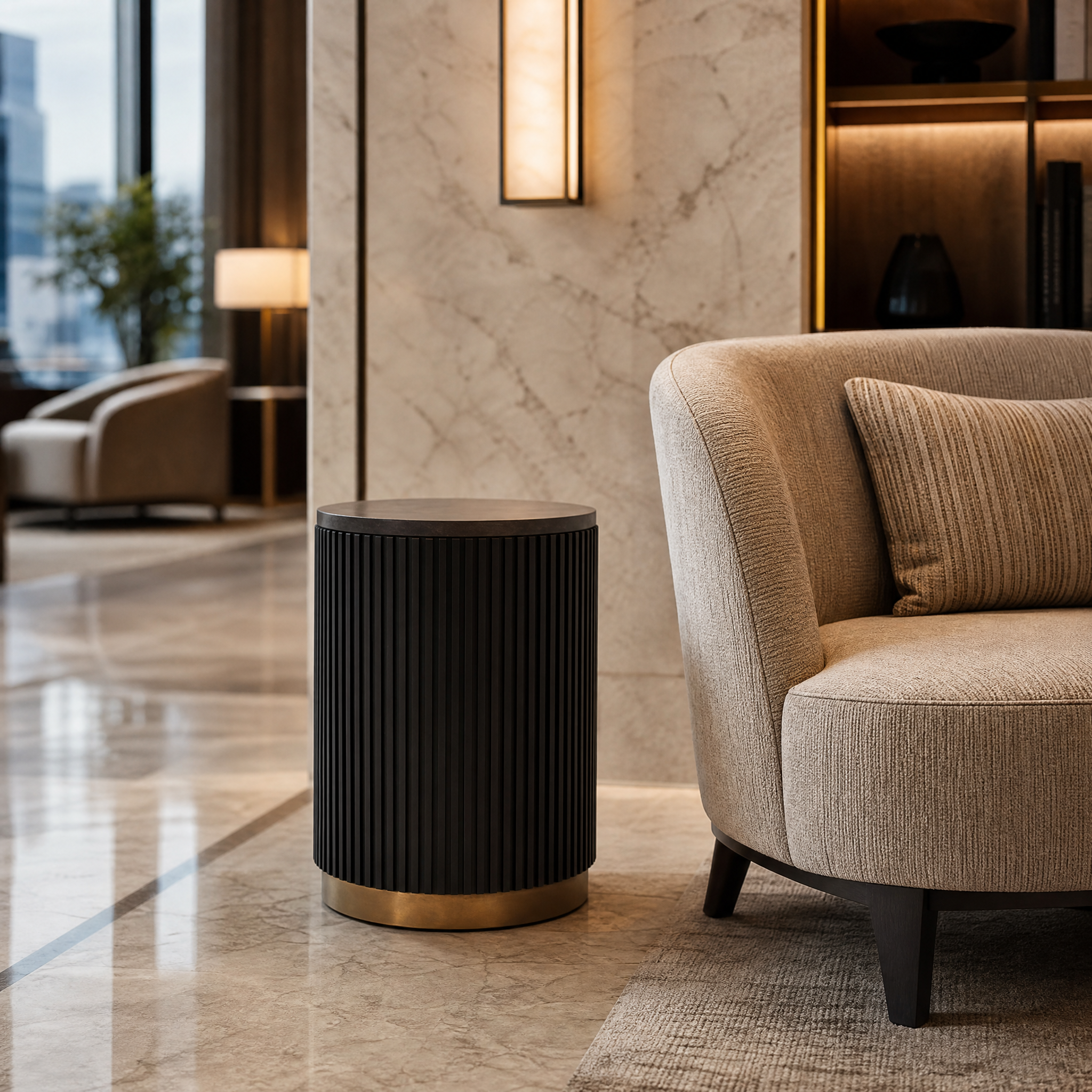 The Attilio side table by VORELLI® styled in an upscale hospitality lounge, showcasing its versatile minimal-to-traditional aesthetic.