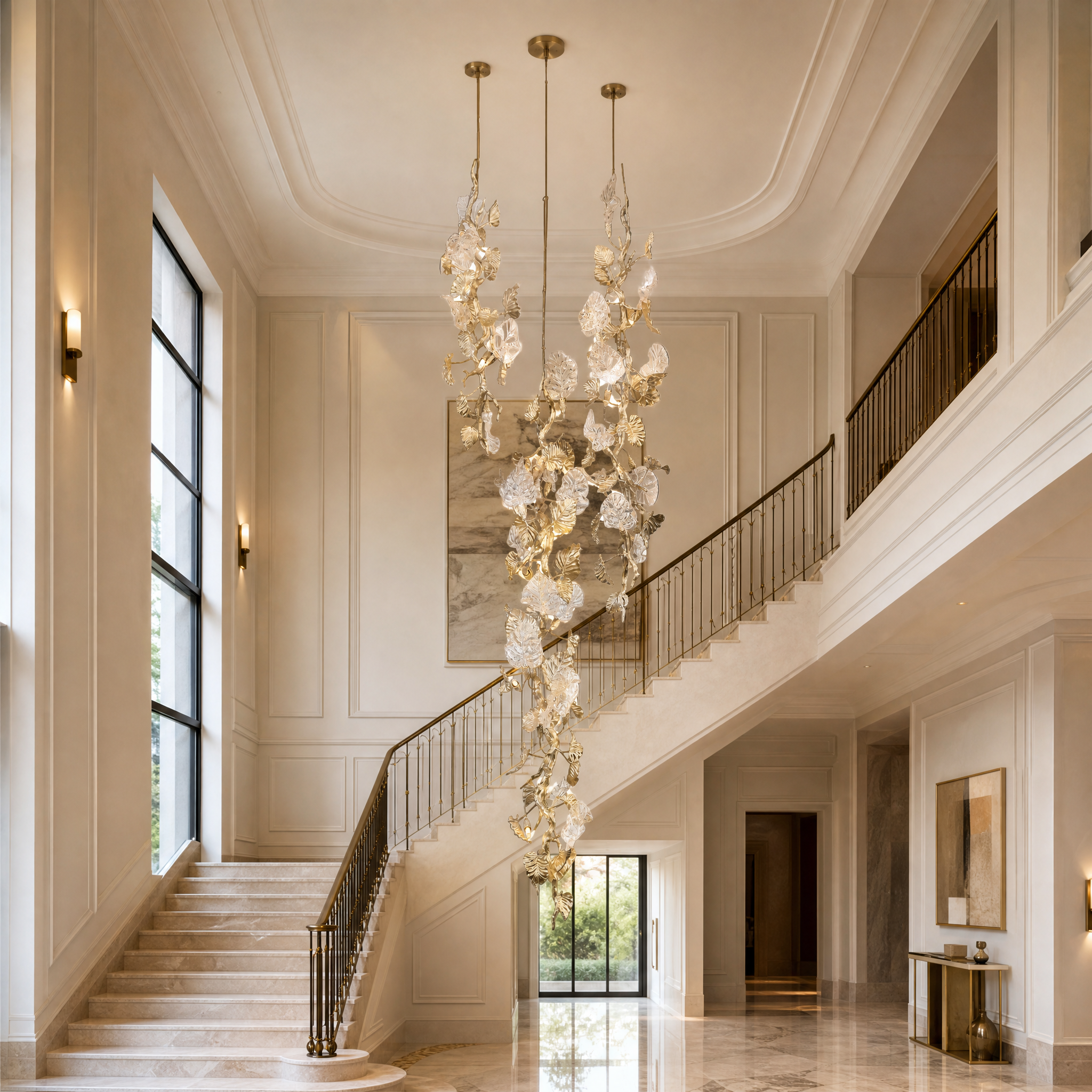 The VORELLI Aura Leaf Linear Staircase Chandelier hanging elegantly in a luxury residential foyer, illuminating a grand modern staircase.