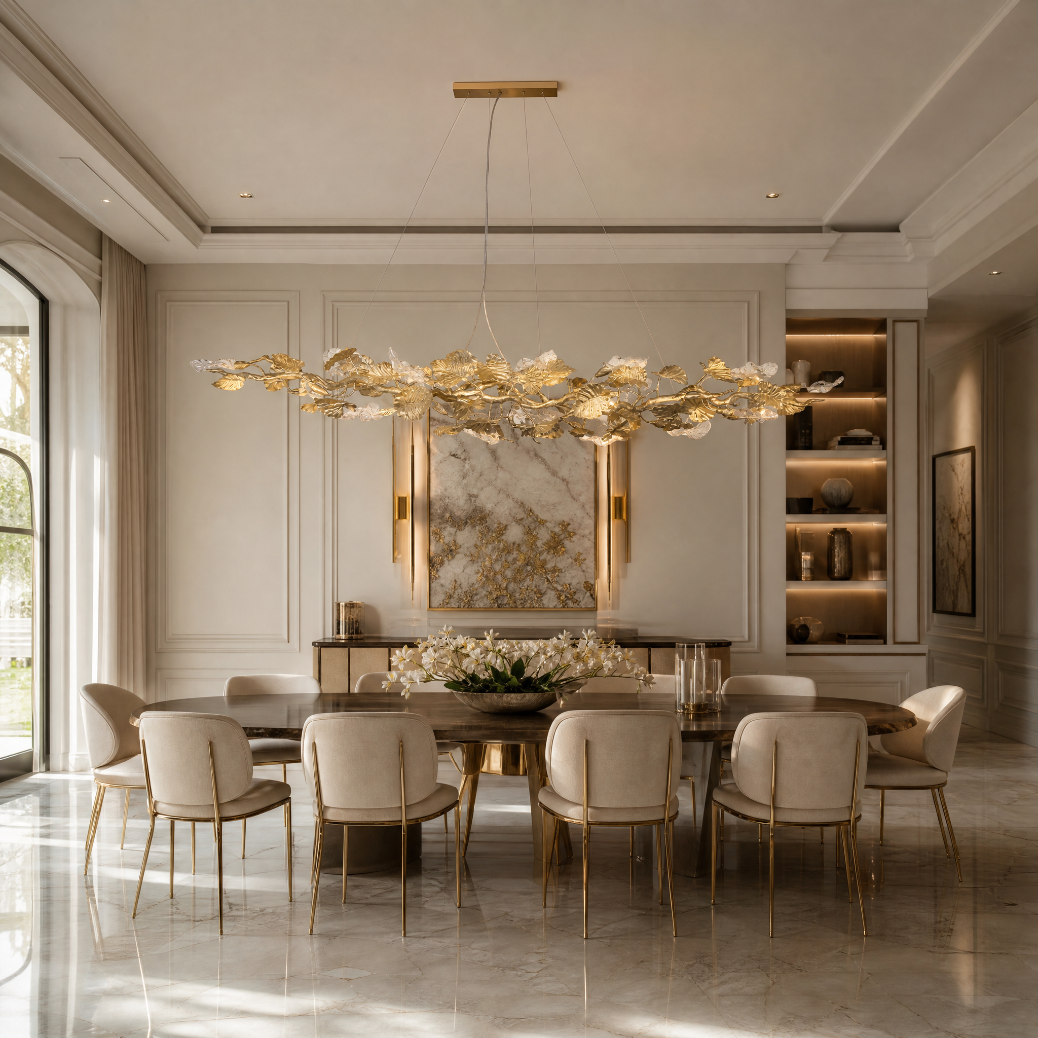 A sculptural Aura Leaf Rectangular Chandelier hanging above a luxury dining table, featuring flowing glass leaves and a warm refined atmosphere.