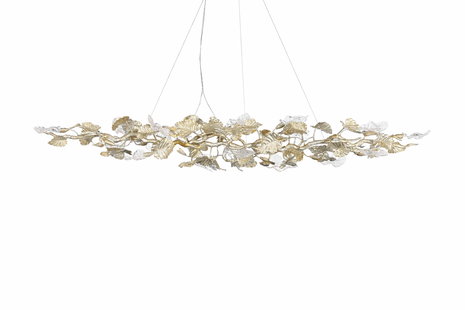Aura Leaf rectangular chandelier silhouette illuminating a modern luxury interior with soft, organic light patterns.
