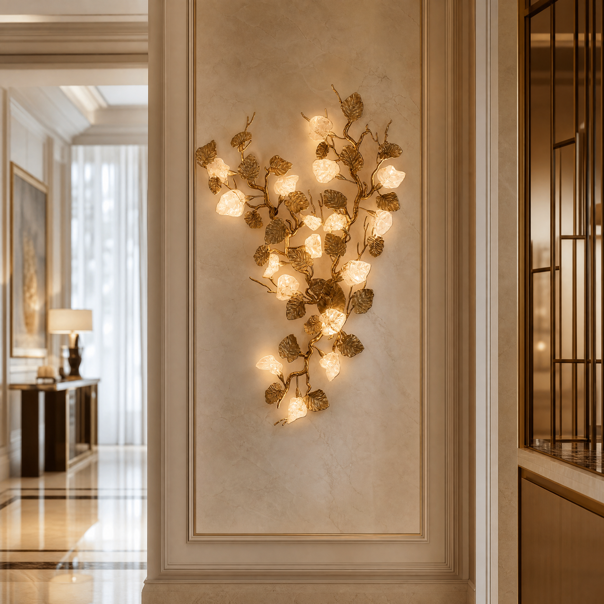Elegant branching silhouettes of the Aura Leaf Wall Lights illuminating a high-end boutique hotel lobby.