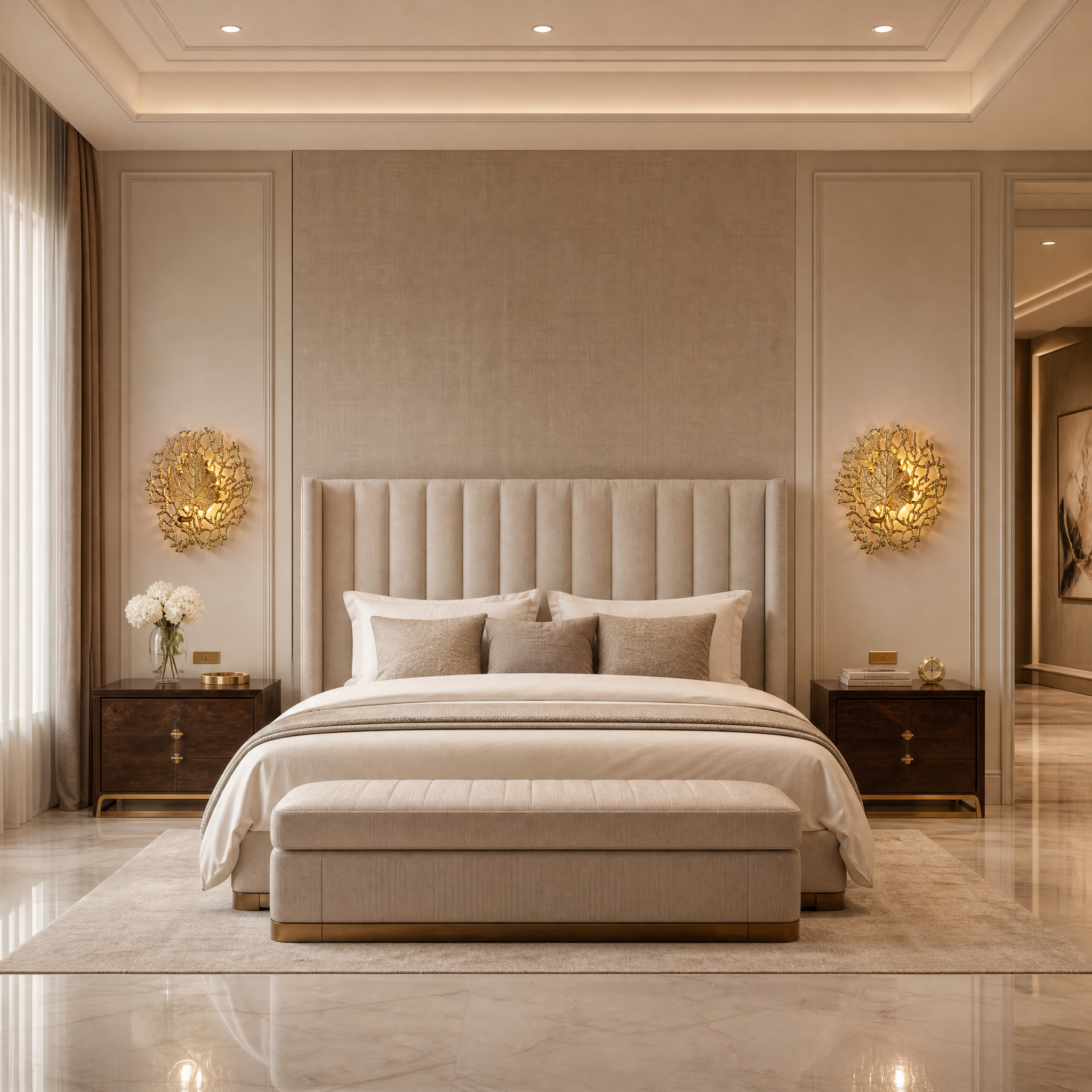 VORELLI Aurelia wall light with a sculptural leaf motif casting a warm glow in a sophisticated residential living room interior.