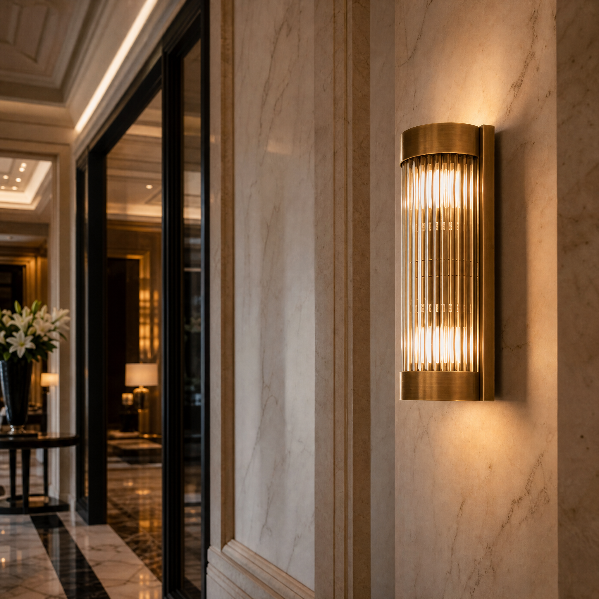 Elegant ribbed glass wall light in antique brass finish installed in a sophisticated hotel bedroom