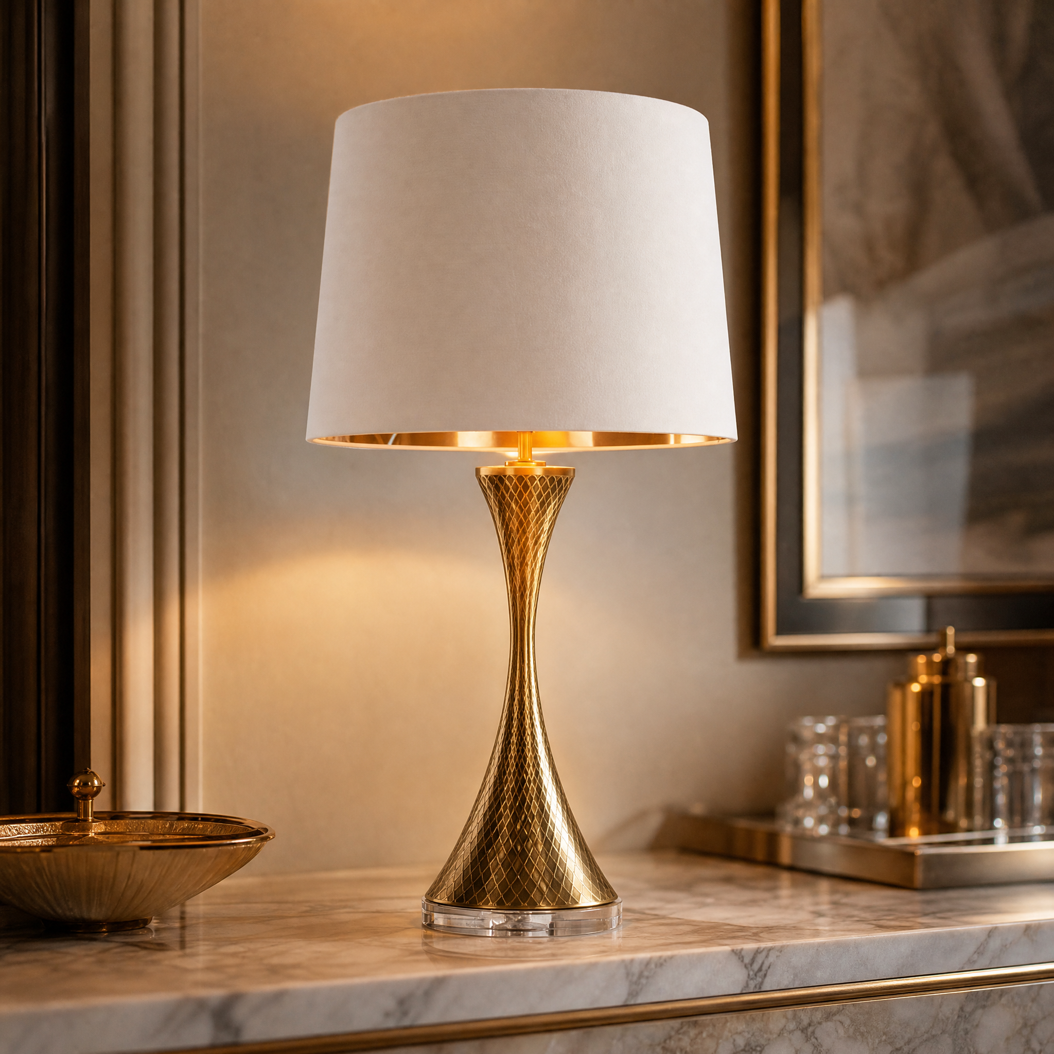 Close-up detail of the Aurelis lamp showing antique brass sculptural curves and refined crystal accent.