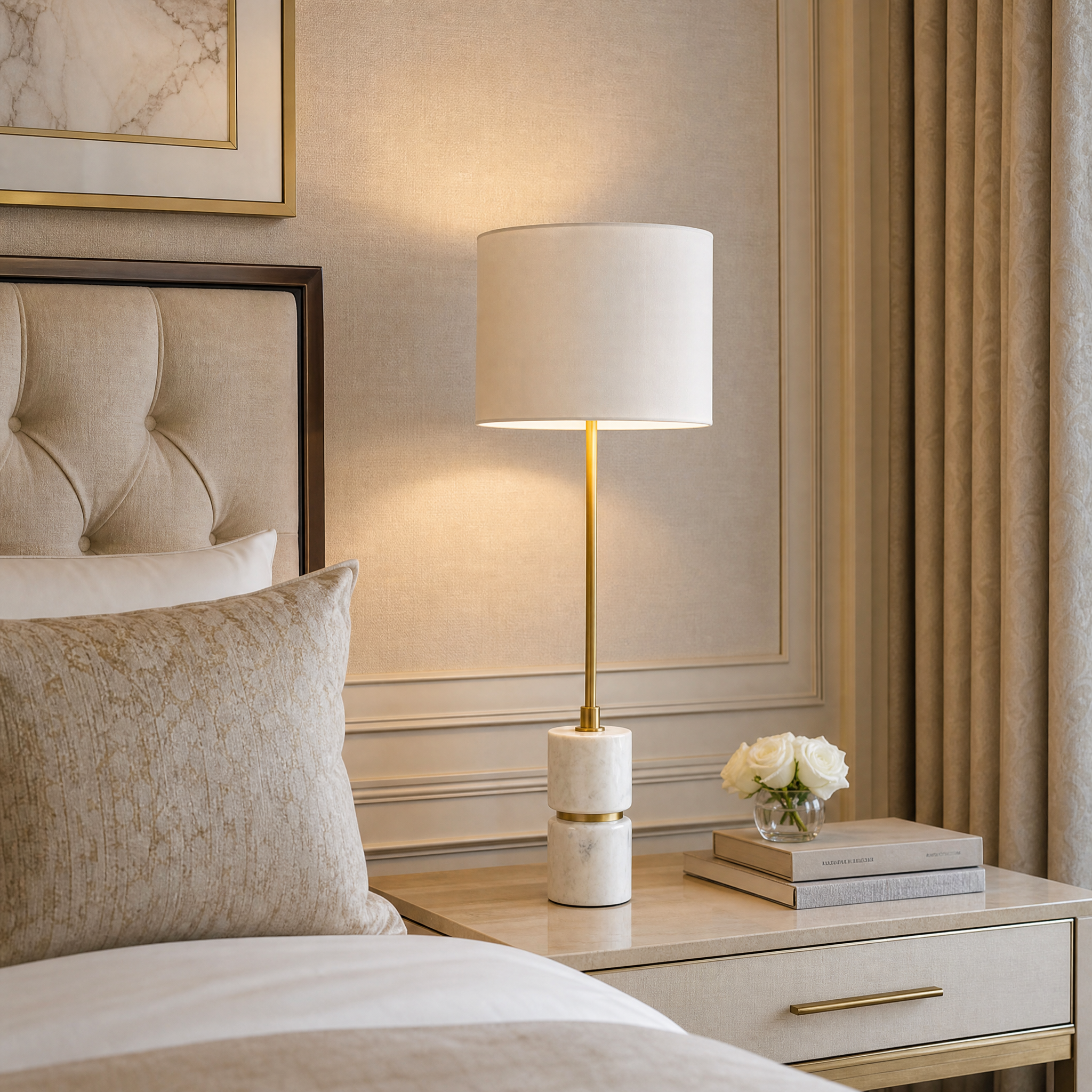Aurevia white marble and brass table lamp styled on a contemporary side table in a modern residential living room.