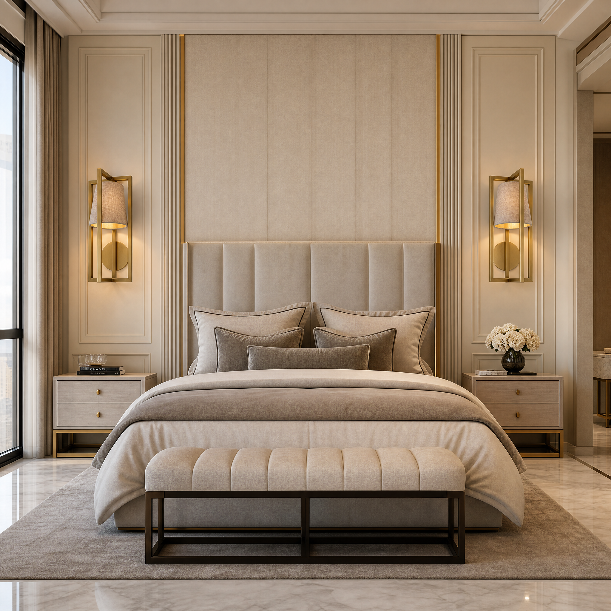 Aurex Gold Wall Light installed in a luxury living room, highlighting its layered frame and rich gold finish.