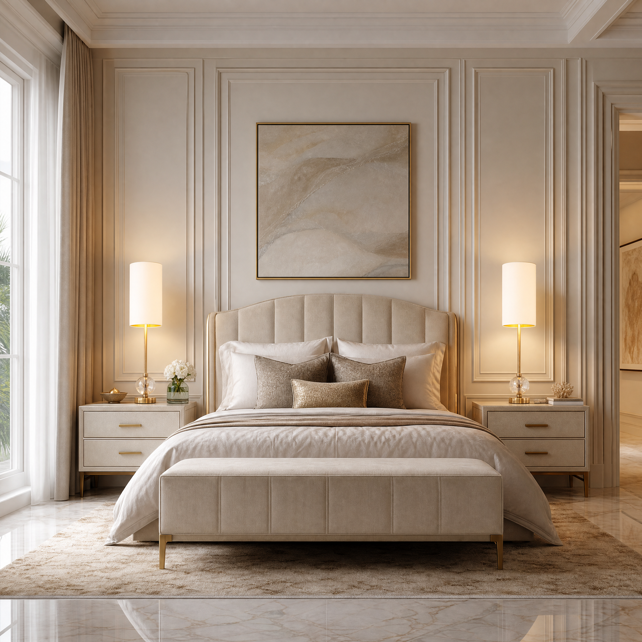 Aurezza crystal and brass table lamp styled on a luxury living room side table with soft ambient lighting.