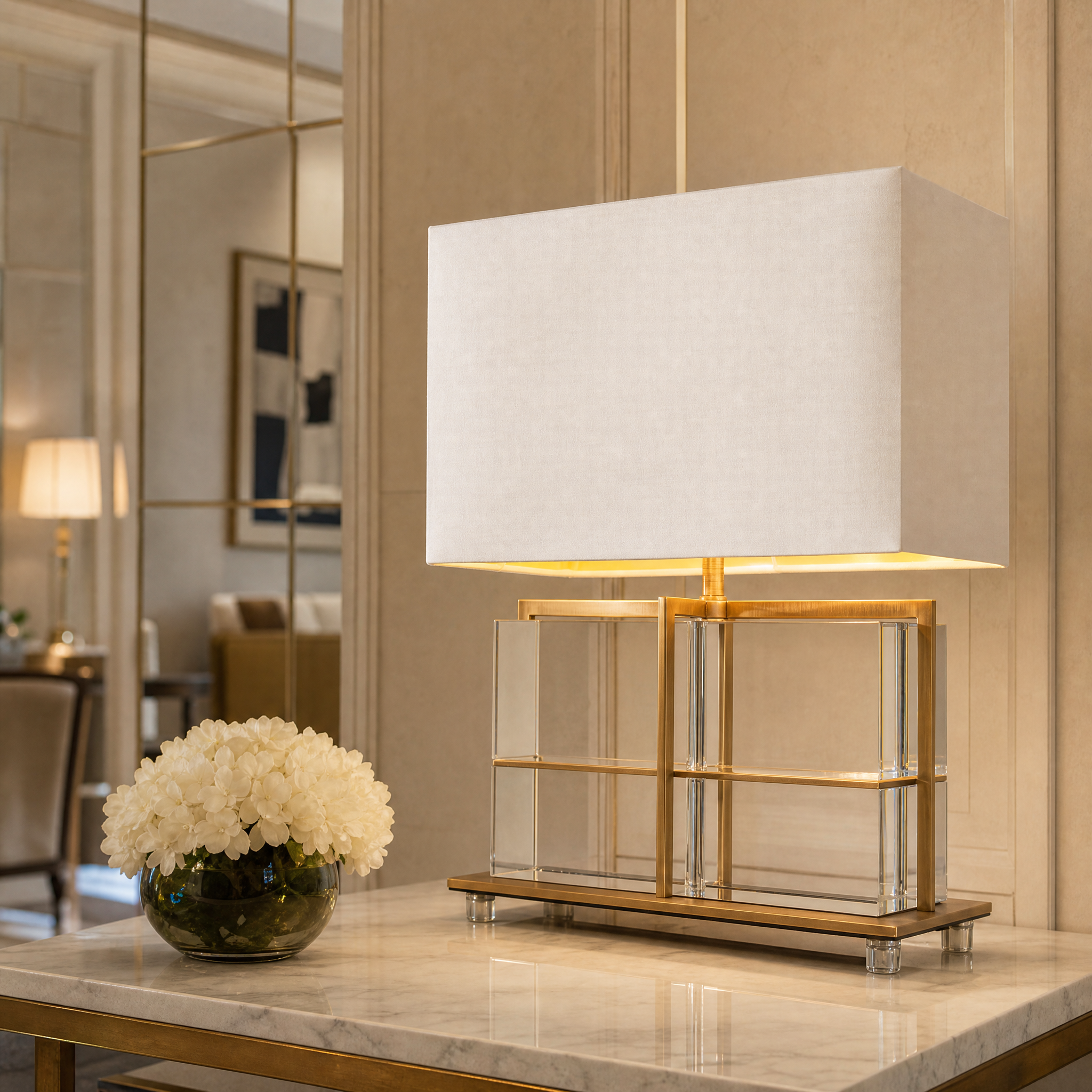 The Aurivon crystal and antique brass lamp illuminating a modern luxury hotel bedside table.