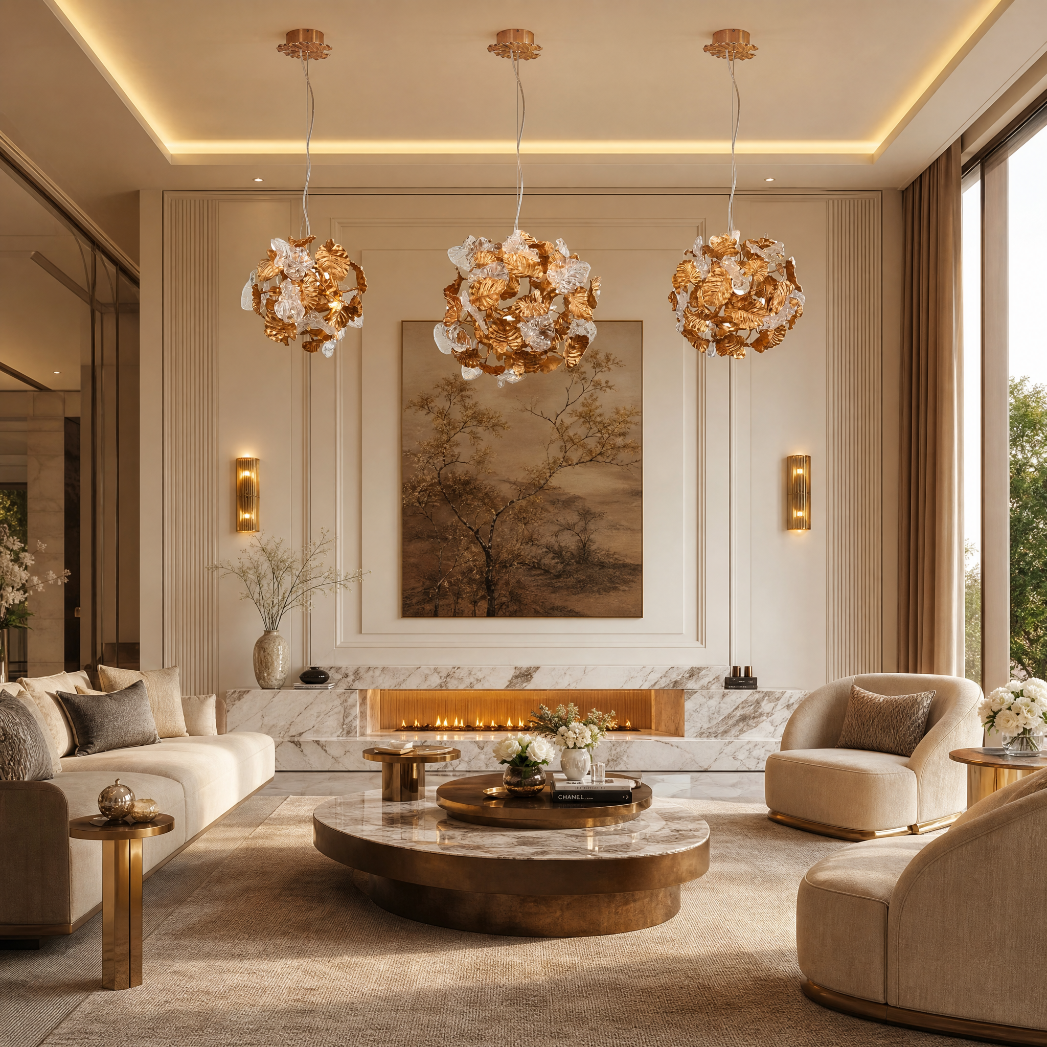 VORELLI Autumn Bloom pendant light casting a warm, ambient glow over a modern luxury dining table.