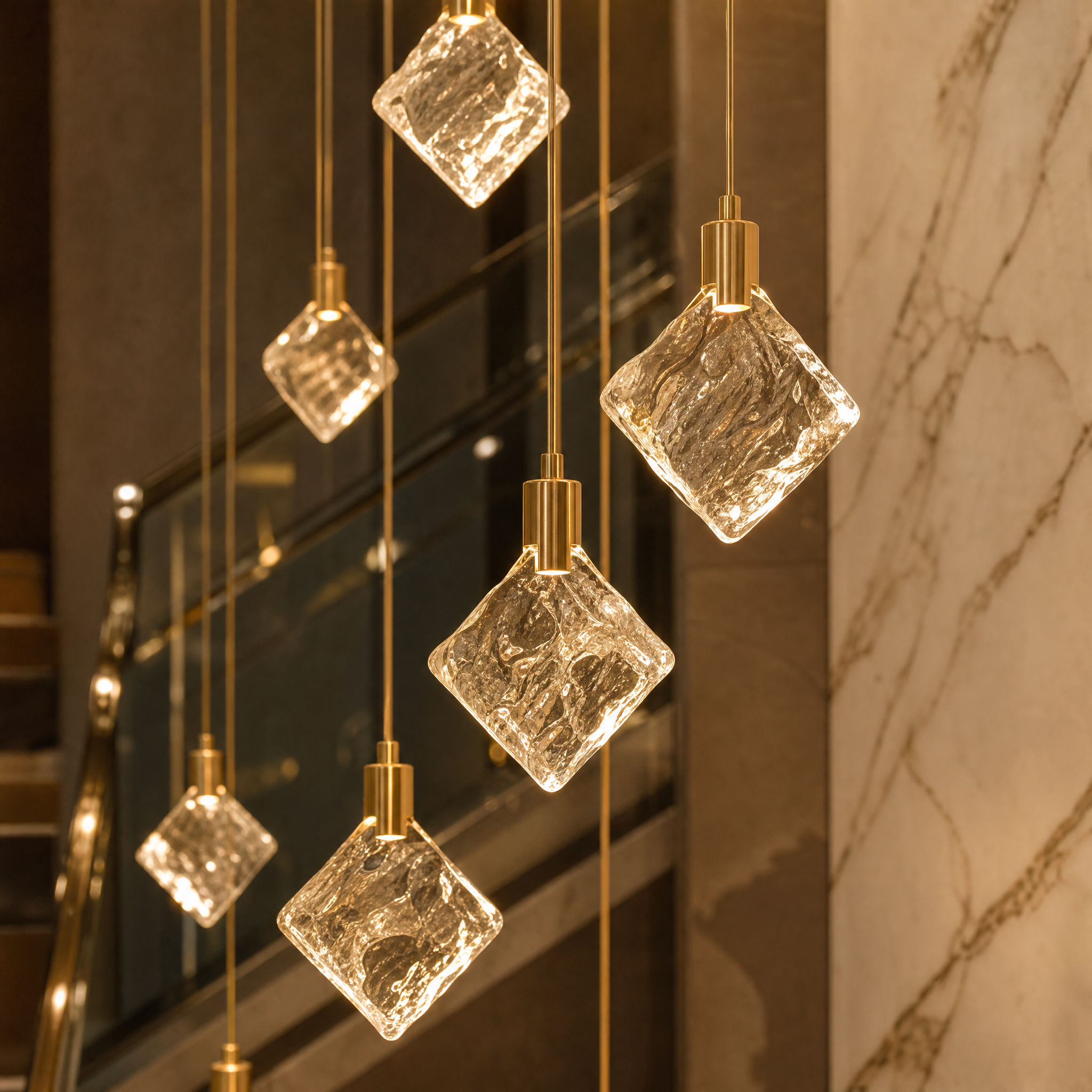 Detailed closeup of the intricate pentagon-textured crystal pendants on the Avellino staircase chandelier.