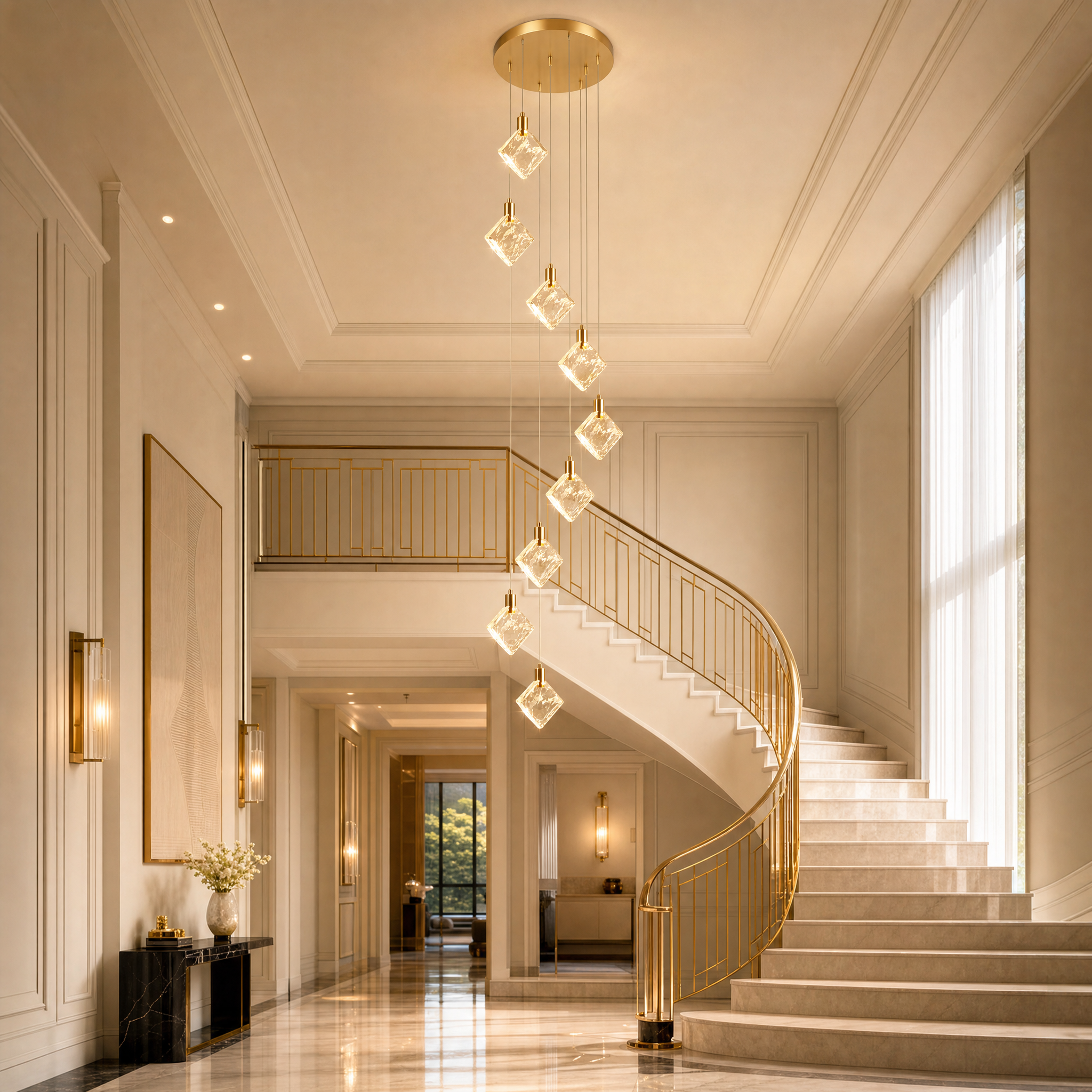The Avellino Pendant Staircase Chandelier casting a luxurious glow over a modern grand residential staircase.