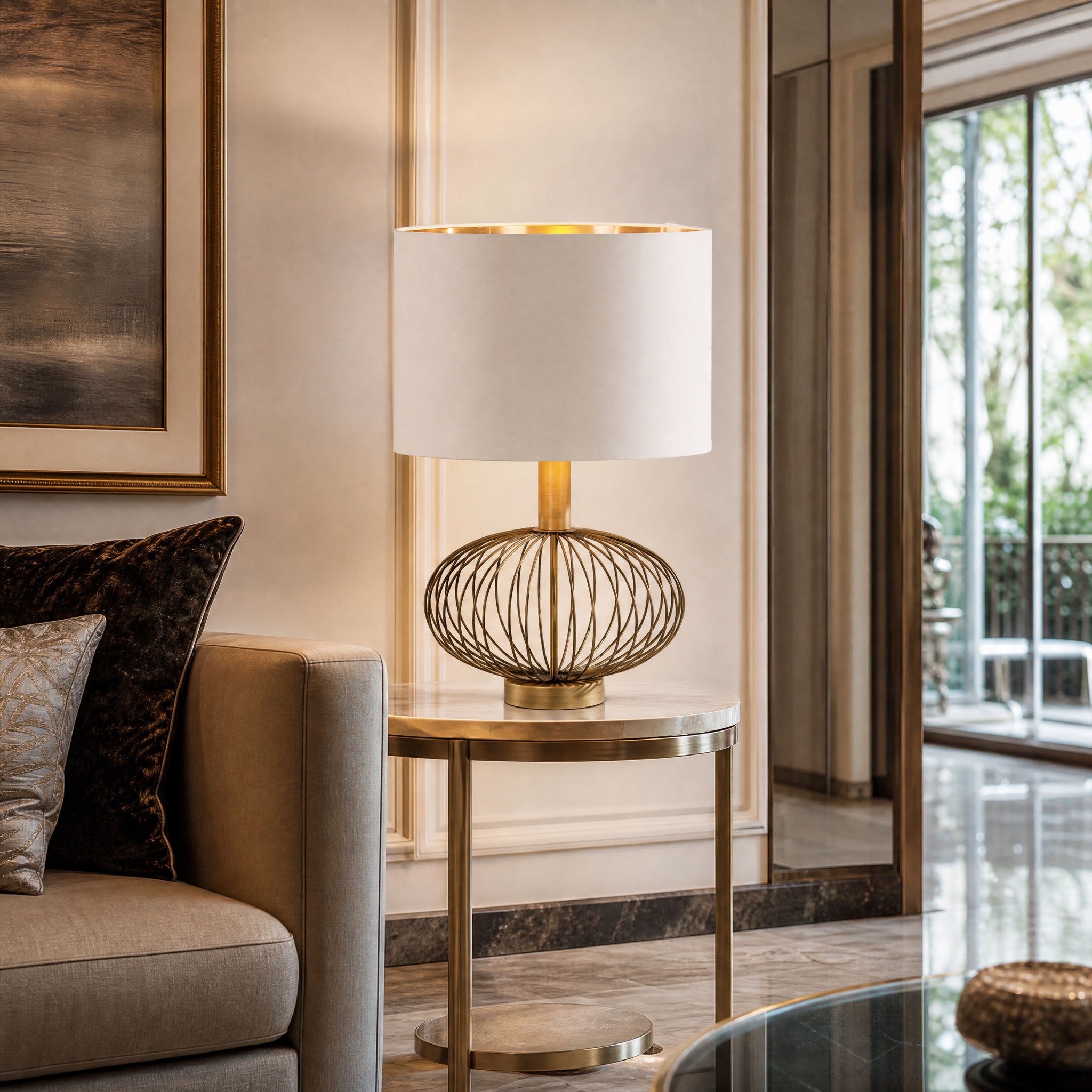 Avenor brass cage table lamp styled on a wooden side table in a contemporary living room setting.
