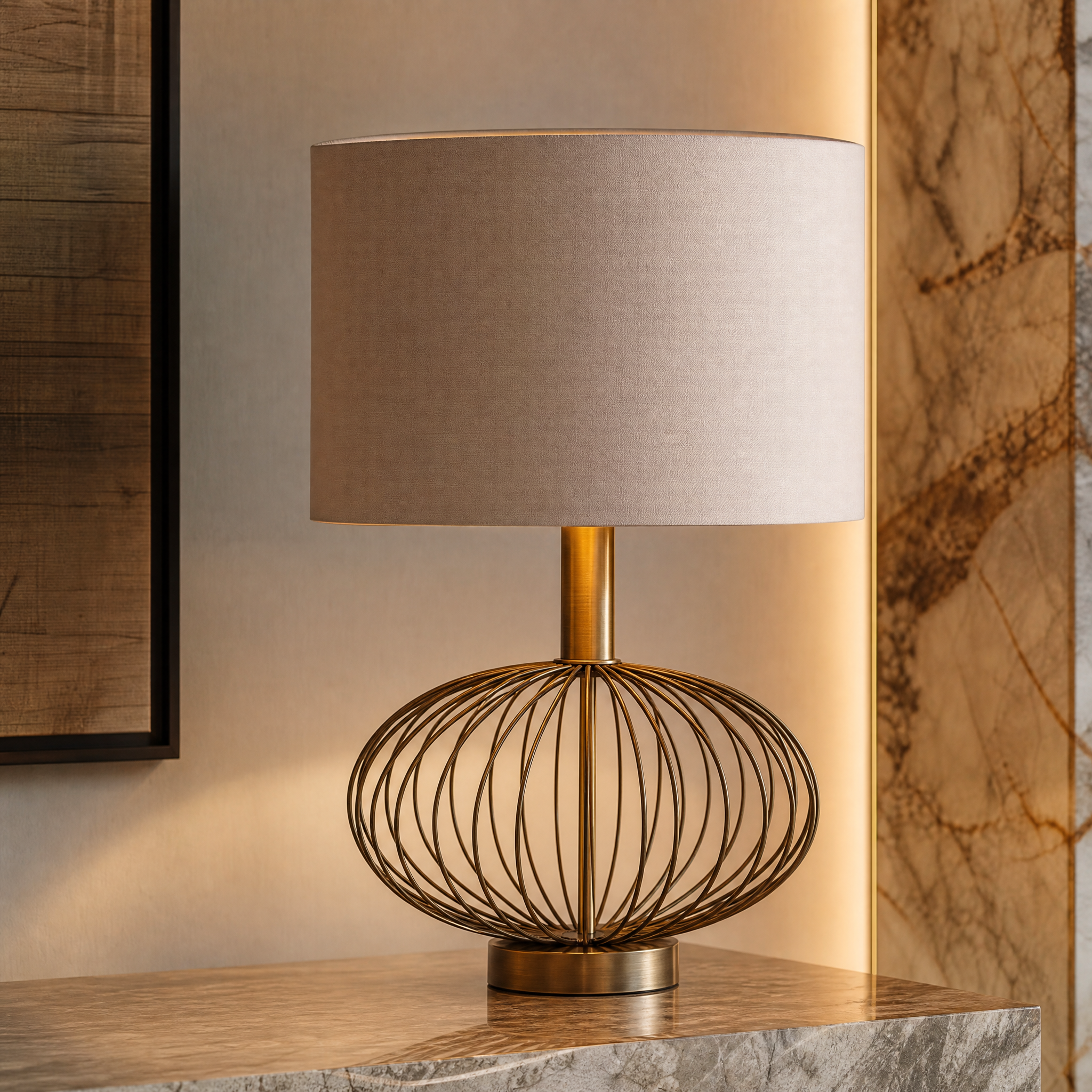 Detailed closeup of the Avenor table lamp showing the intricate antique brass metalwork and the refined opal glass shade.